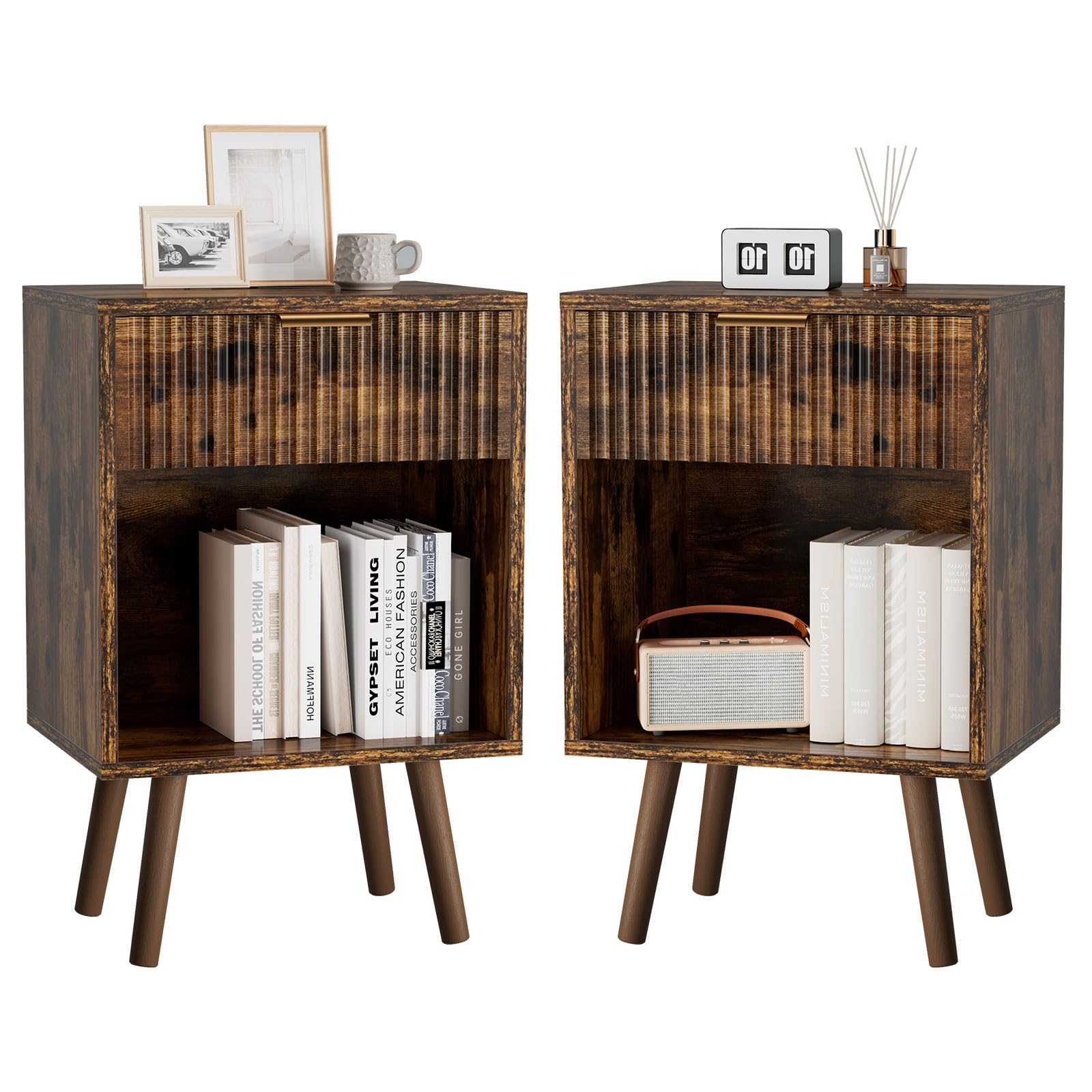 YMYNY Mid Century Modern Nightstand Set of 2, Side Table with Fluted Drawer, Open Shelf Unit, Golden Handle, Solid Wood Legs, Bedside Table, for Bedroom, Living Room, Rustic Brown HST013H-2