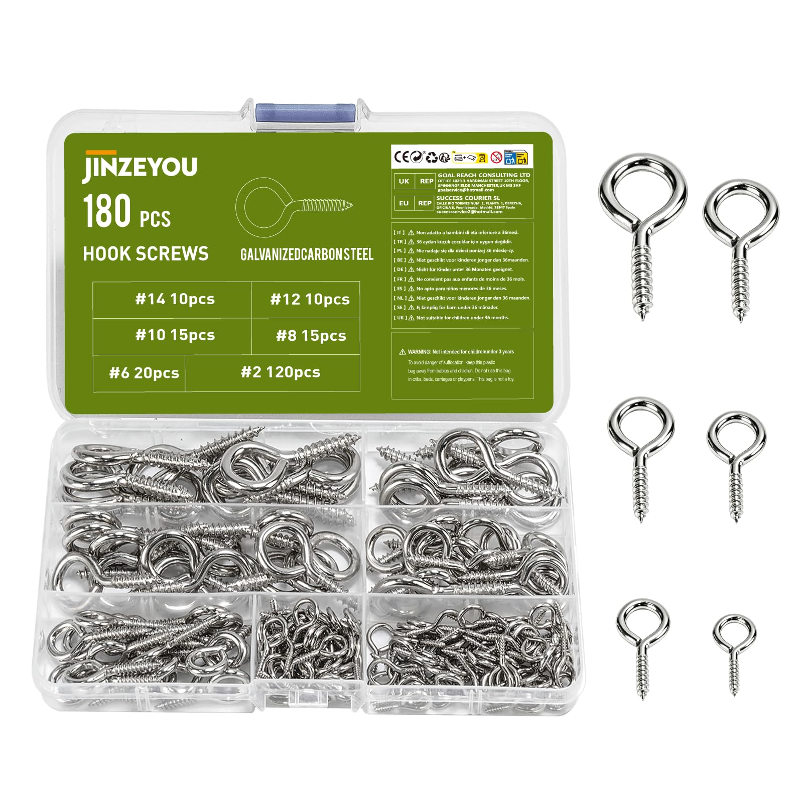 JinZeYou 180 Pcs Eye Bolts Screw in Hooks for Hanging, Heavy Duty Eye Hooks Screw, Eye Screws for Wood, Hanging Plants Garden Lights Lifting and Securing Cables Wires Indoor Outdoor Use