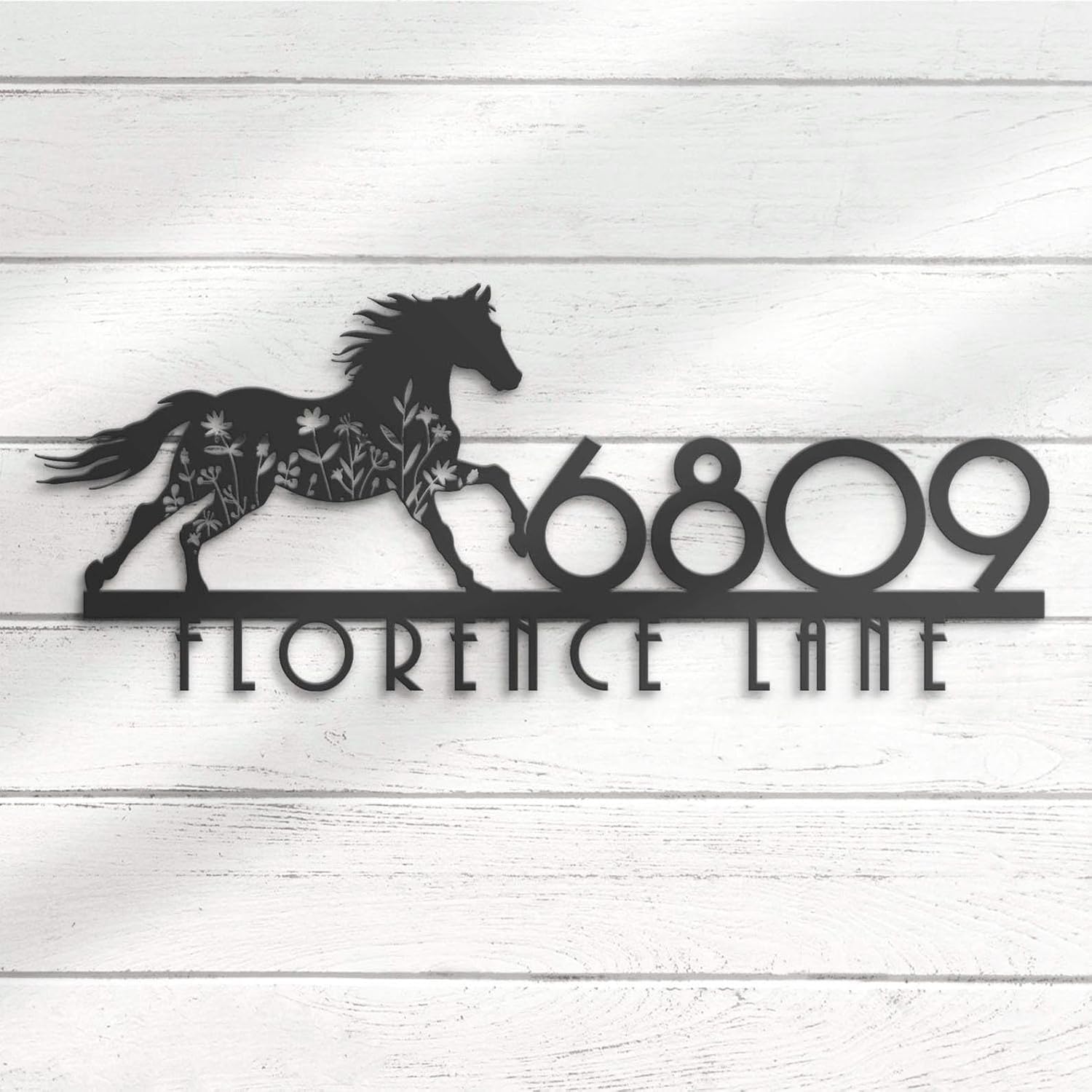 Personalized Horse Floral Metal Address Sign, Custom Farm House Number with Street Name, Hanging Front Door Outdoor Patio Home Decor (Floral Horse House Number)