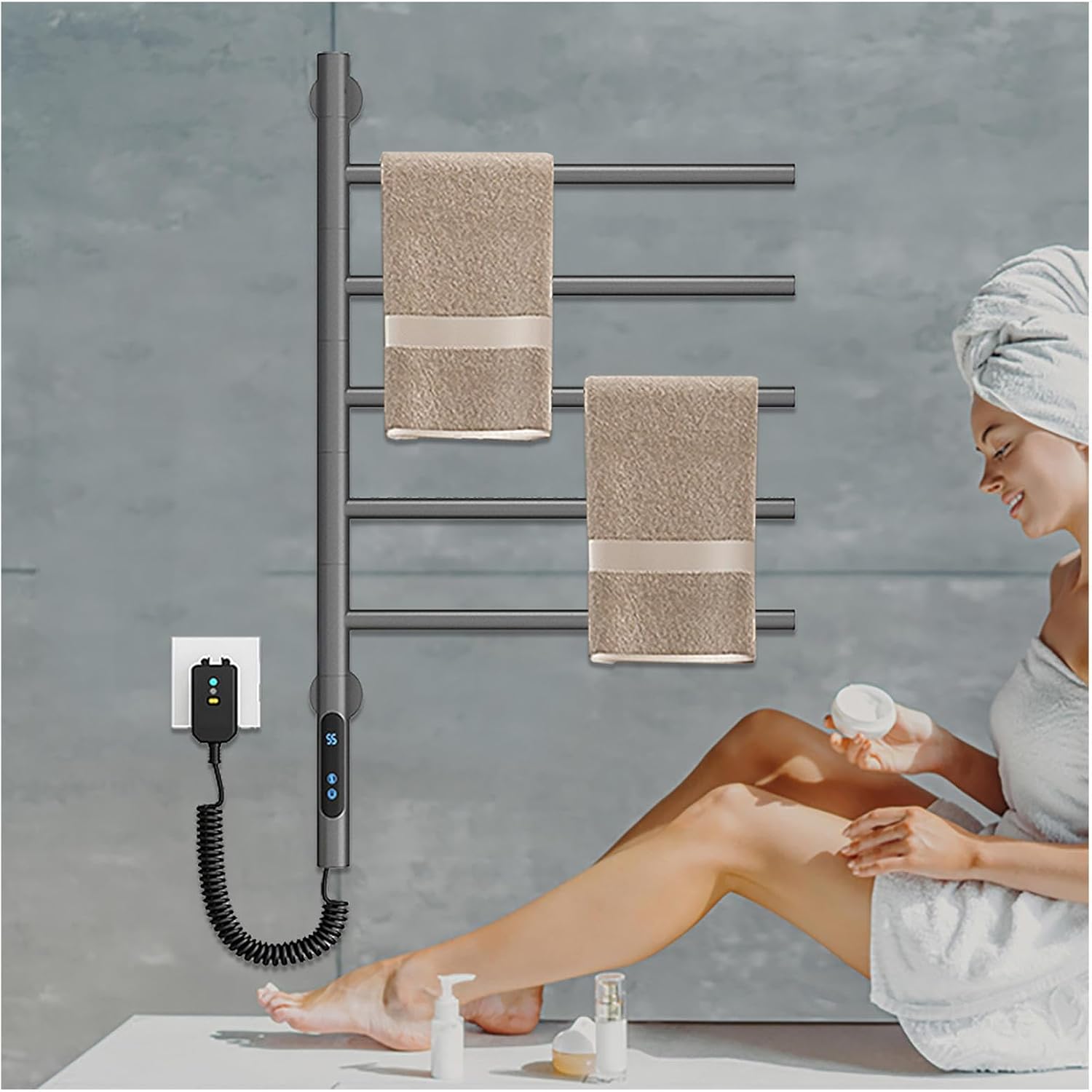 Heated Towel Rail Rotatable 180°,Towel Warmers for Bathroom with Timer,LED Display,Constant Temperature Control,Heated Drying Rack Hardwired,White