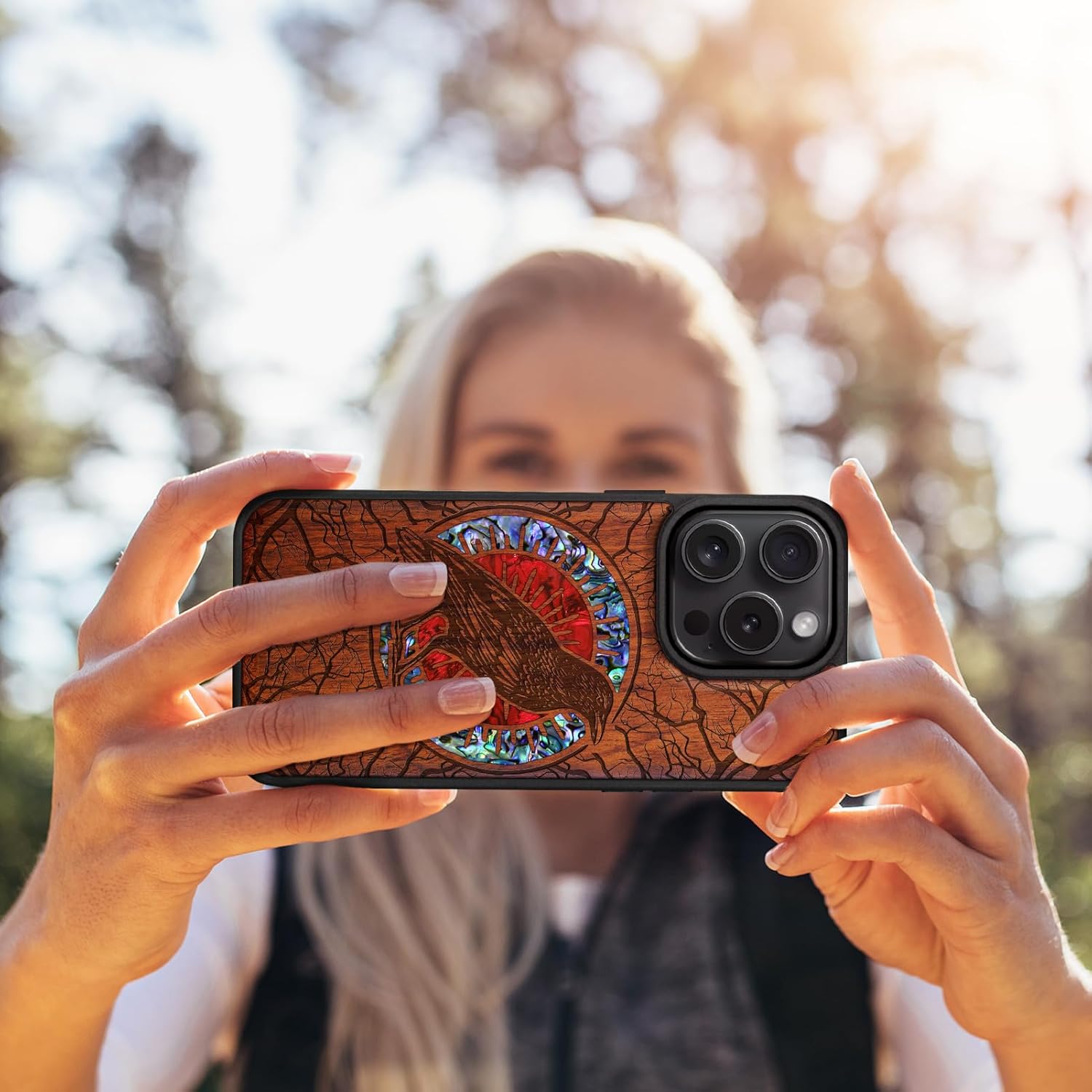 Carveit Magnetic Case for iPhone 16 Pro Case, Wood Artisan Engraved & Handmade Shell Inlaid, TPU Shockproof Cover, Compatible with MagSafe Wireless Chargers (The Haloed Crow) Rosy