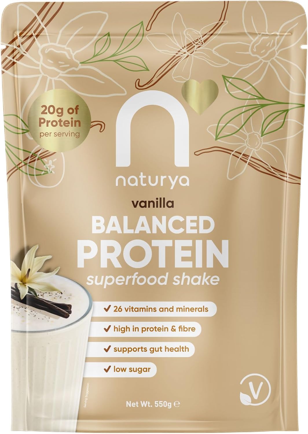 Naturya Balanced Protein Superfood Shake Vanilla 550 g – Plant-Based Complete Meal Shake with 20 g Protein, 26 Vitamins & Minerals, High Fibre, Low Sugar