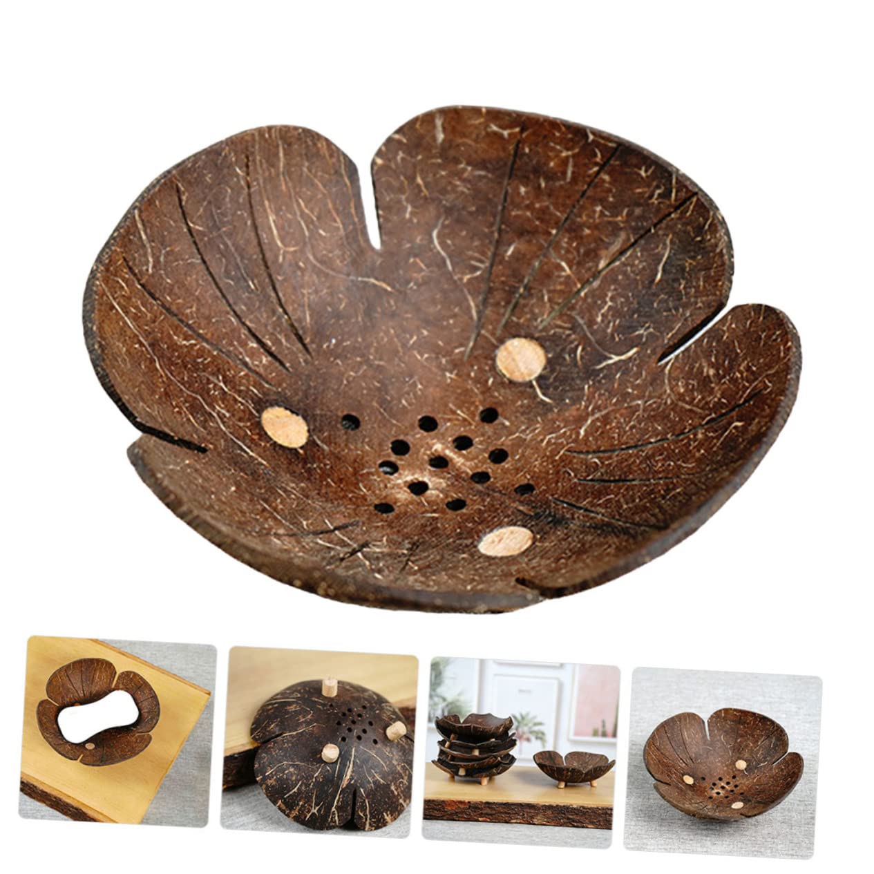 5 Stück Blumenförmige Seifenschale aus Holz und Kokosnussschale mit Ablauf Haushalts Seifenhalter für Bad Dusche und Küche Trocken Haltende Seifendose ohne Bohren Langlebig und