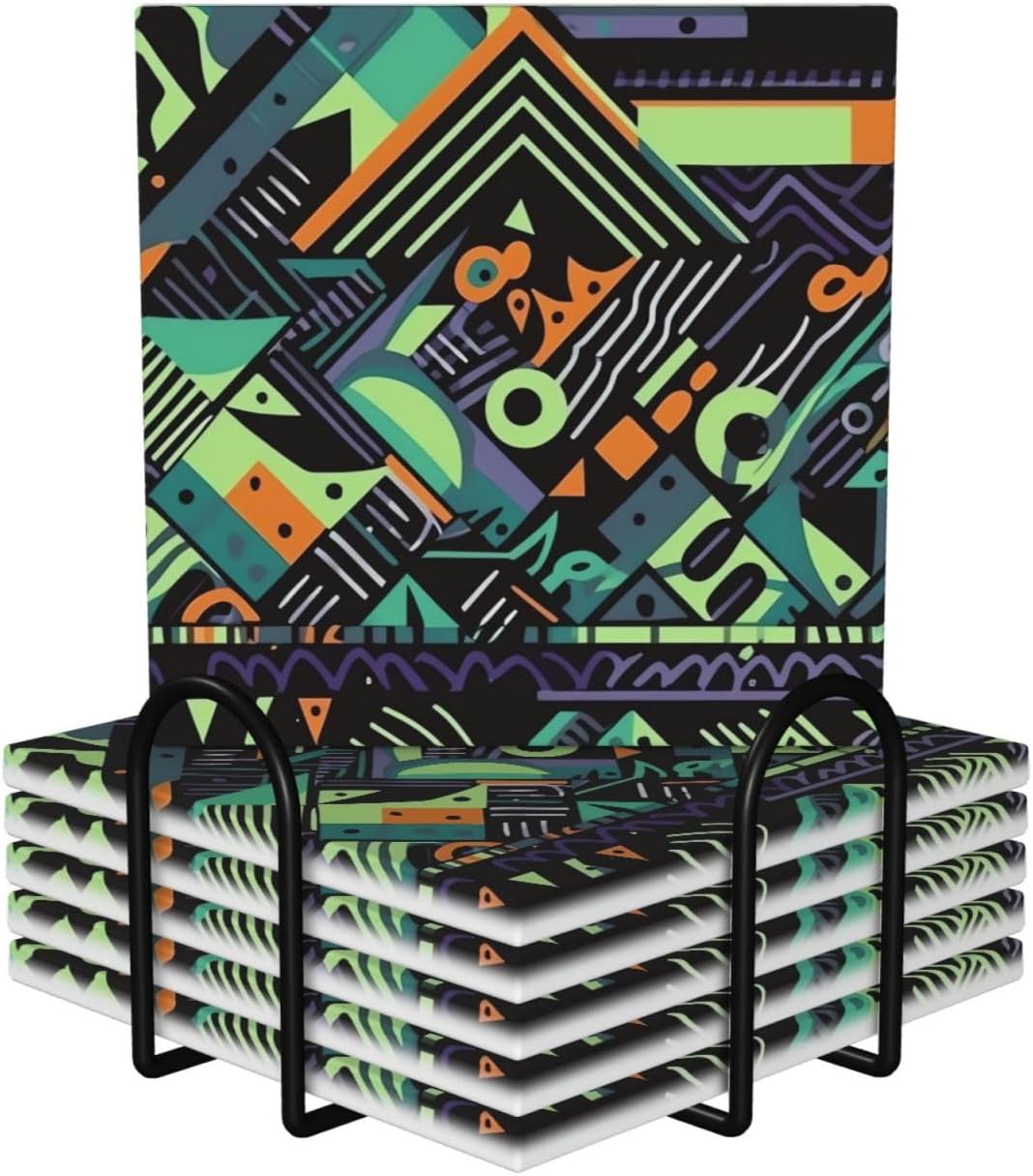 KHiry ドリンクコースター 6枚セット セラミックコースター ホルダー付き 幾何学模様 グラフィティスタイル ラウンドコースター