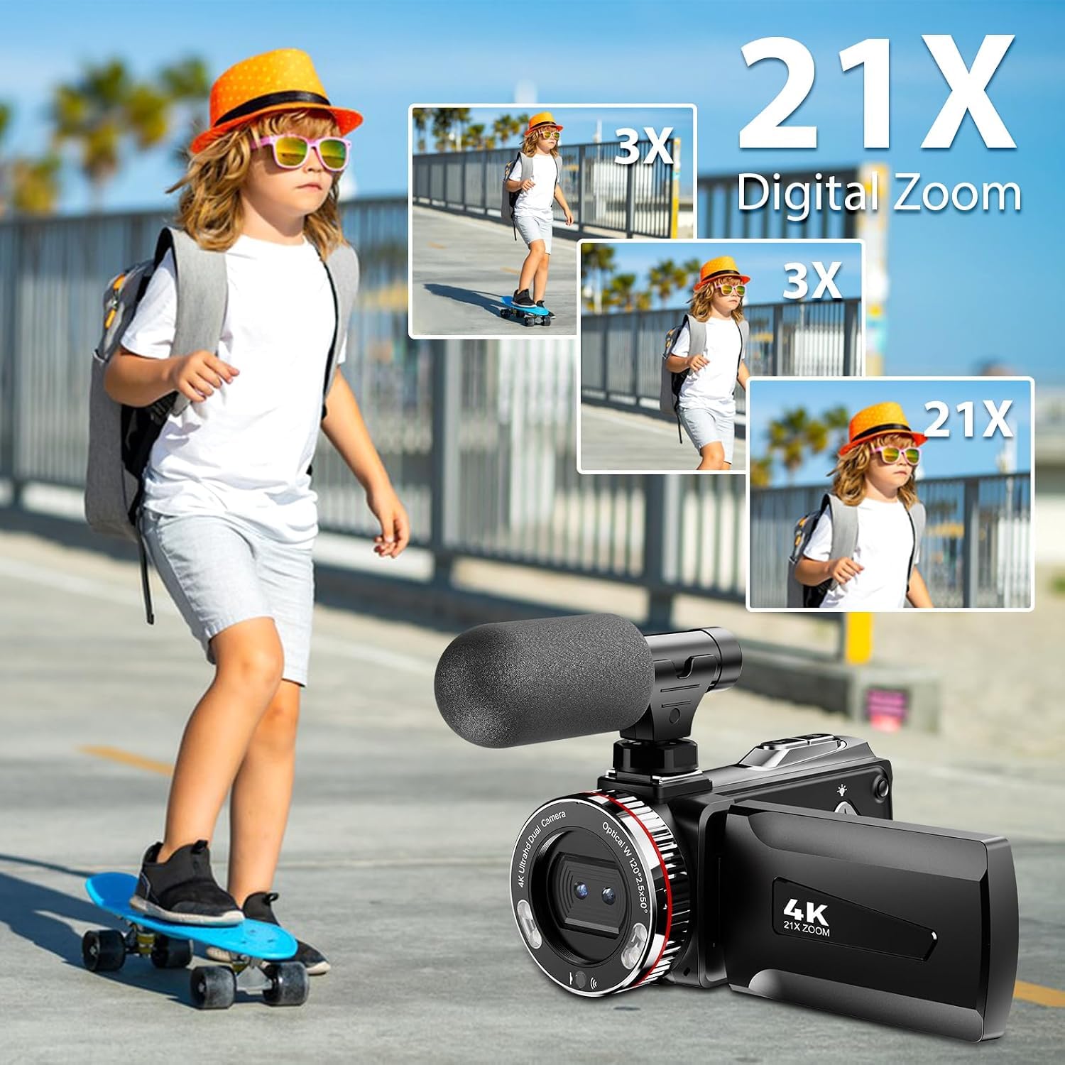Videocamera 4K, 48 MP Camcorder con Zoom Digitale 21x, Schermo Girevole a 270° da 3" Vlogging Camera, Video Camera con Cavo HDMI, Microfono Esterno, Telecomando, Scheda da 32 GB e 2 Batterie