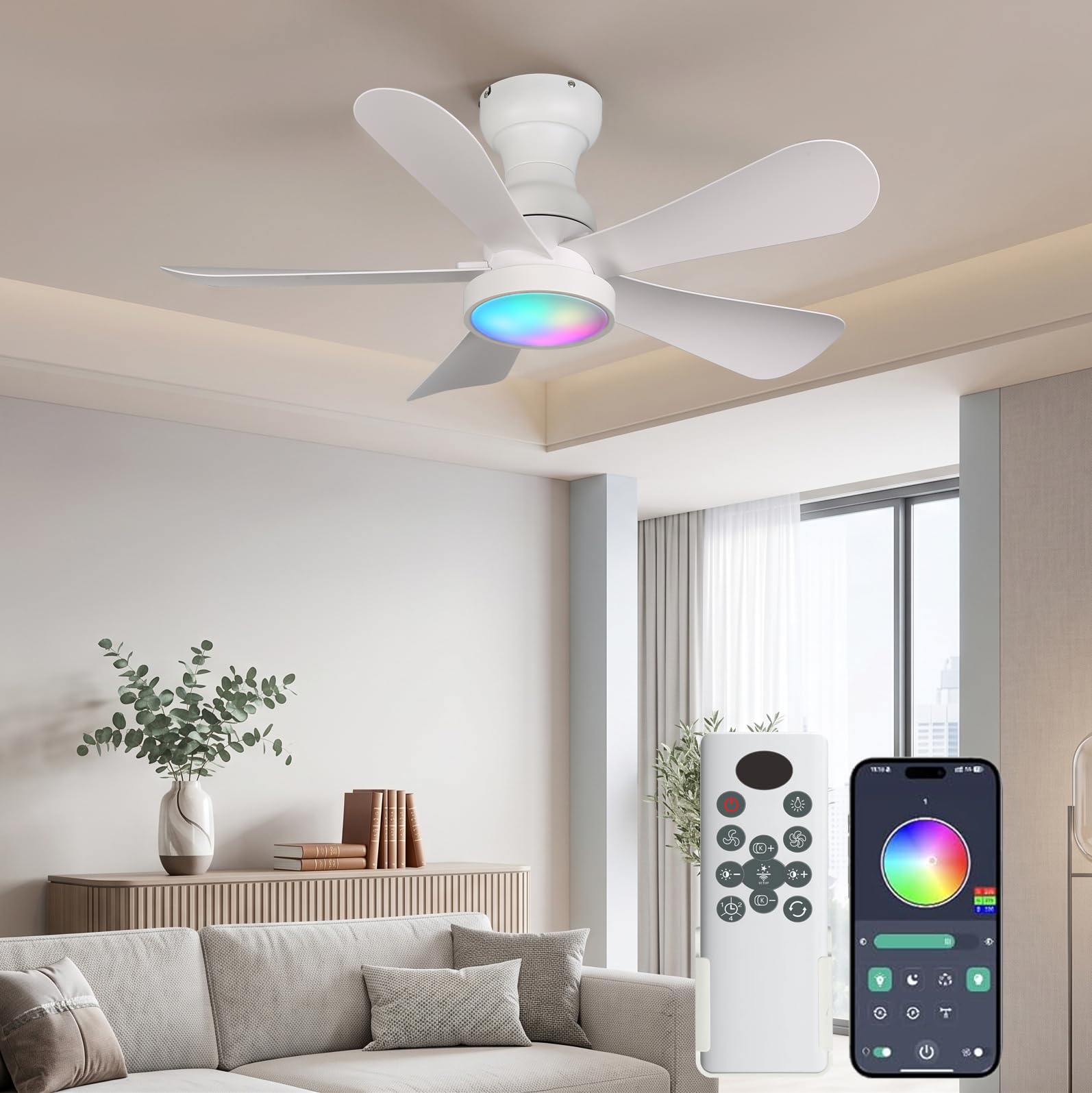 LEONTYNE 36 Inch Smart RGB Ceiling Fan with Lights, Remote & App,3CCT,7 RGB