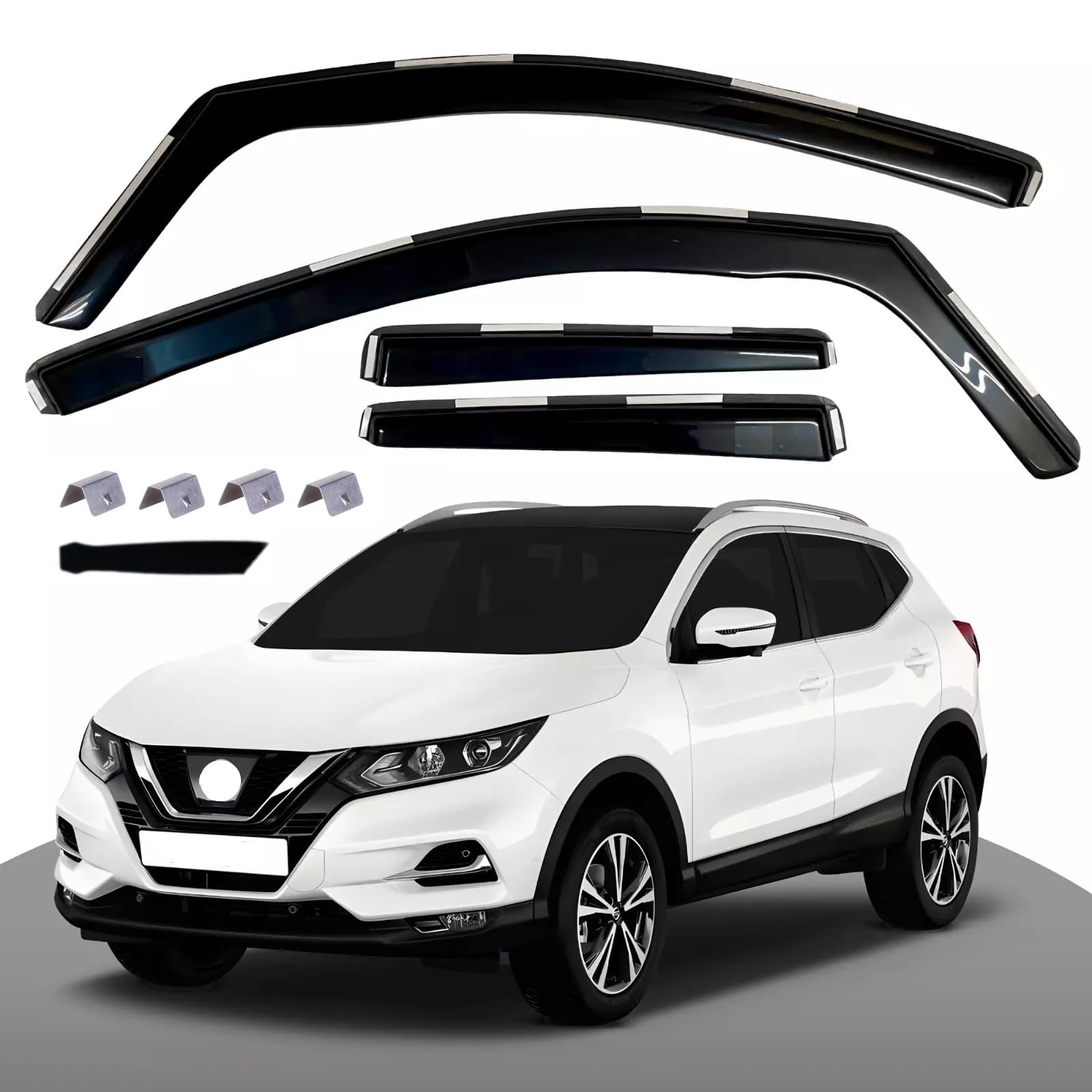 Kit 4 Deflettori Aria Nero Fumé Trasparento Antivento per Finestrini Laterali Anteriori e Posteriori Compatibile con Nissan Qashqai J11 2014-2021