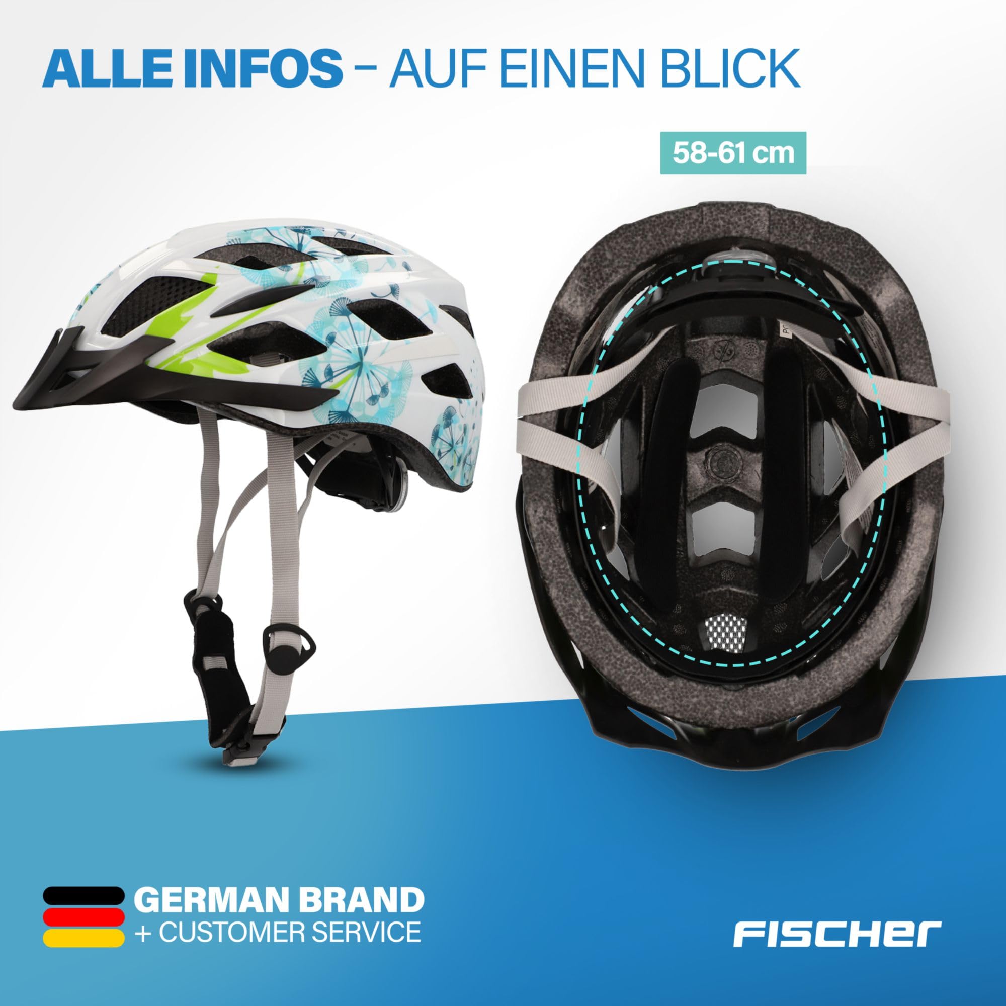 FISCHER adulti Urban Flowers Casco da bici, Blu/Bianco/Verde, S/M