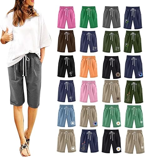 Pantalones cortos de algodón y lino para mujer, cintura elástica, pierna recta, con cordón, estampado de verano, casual, longitud hasta la rodilla,