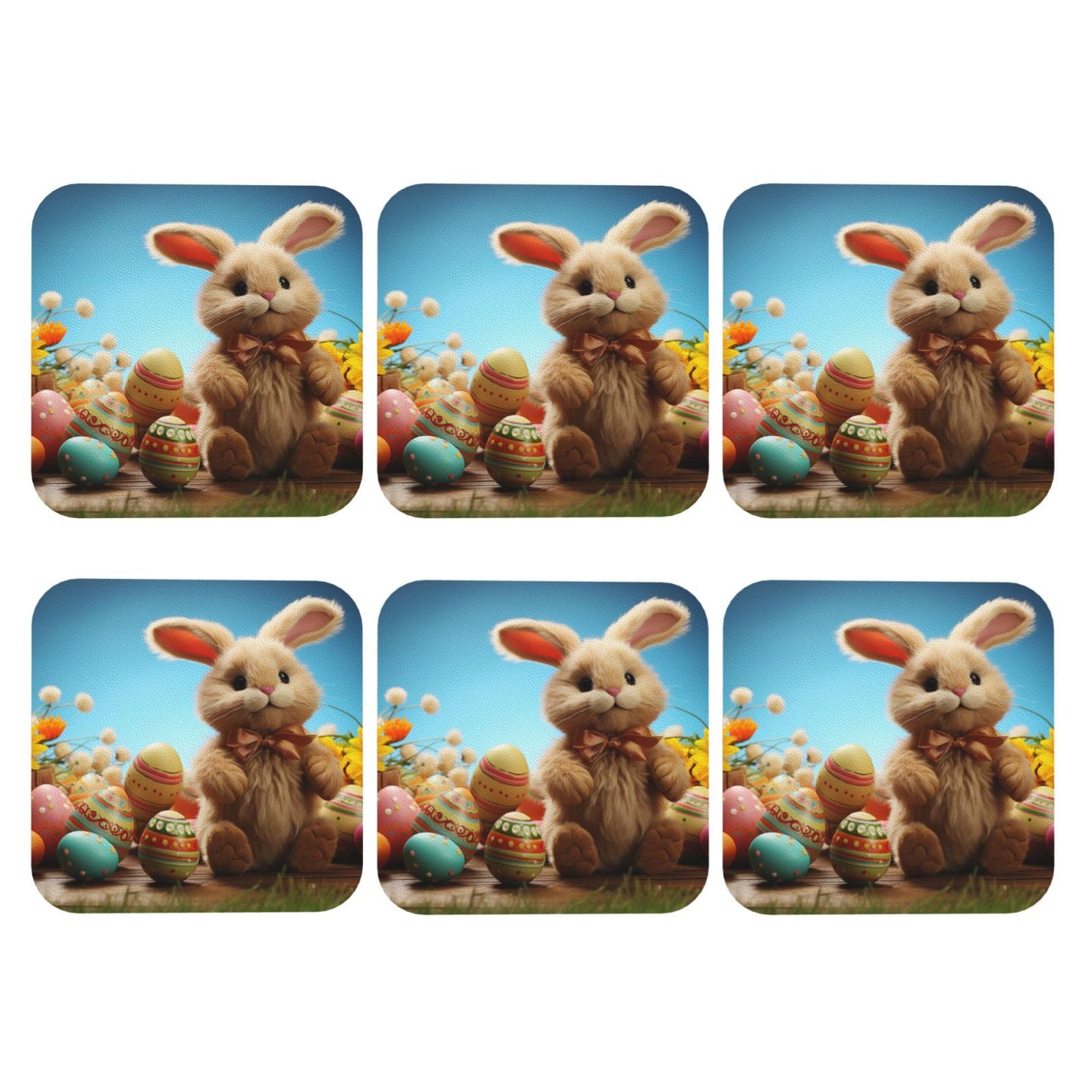 6Pcs PU Leather Coaster for Drinks, Easter Toy Bunny Cup Coastersr 4" Cup Mat Pad, Aesthetic Drink Coasters for Coffee Table, Square Coaster for Tabletop Protection