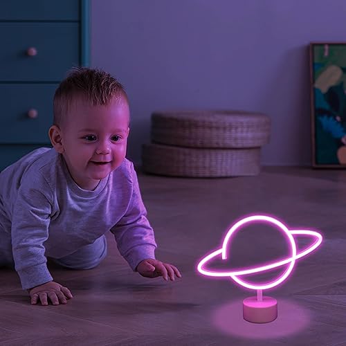Miniatura 4 de ENUOLI Letreros de luz de neón de planeta rosa, luces de noche LED con pedestal, decoración de habitación, bateríaoperación USB, letreros de neón