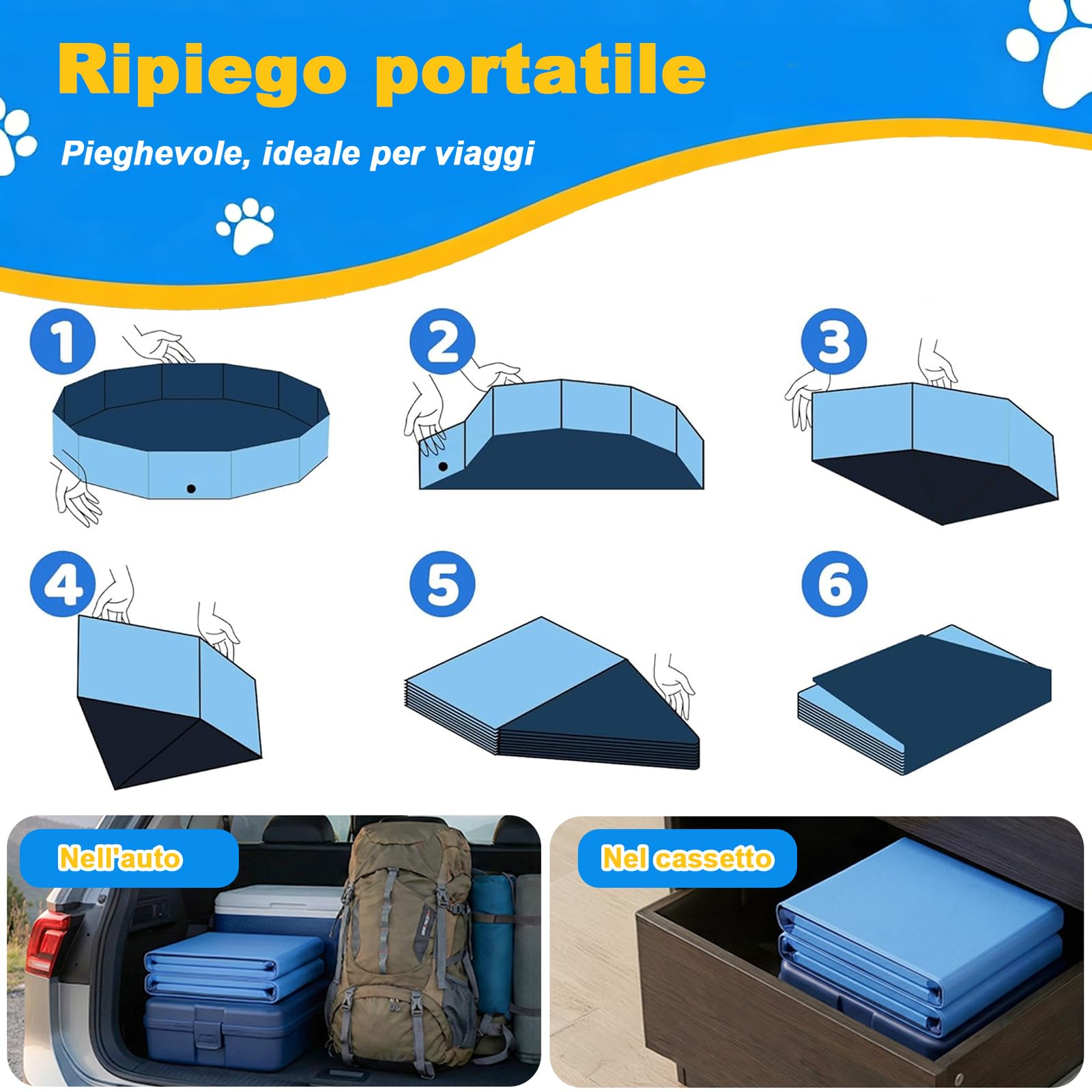 Vasca pieghevole per cani in PVC antigraffio, Ø 100 cm, Altezza 30 cm, rivestimento antiscivolo e tappo di scarico, svuotamento rapido senza pompa, vasca robusta