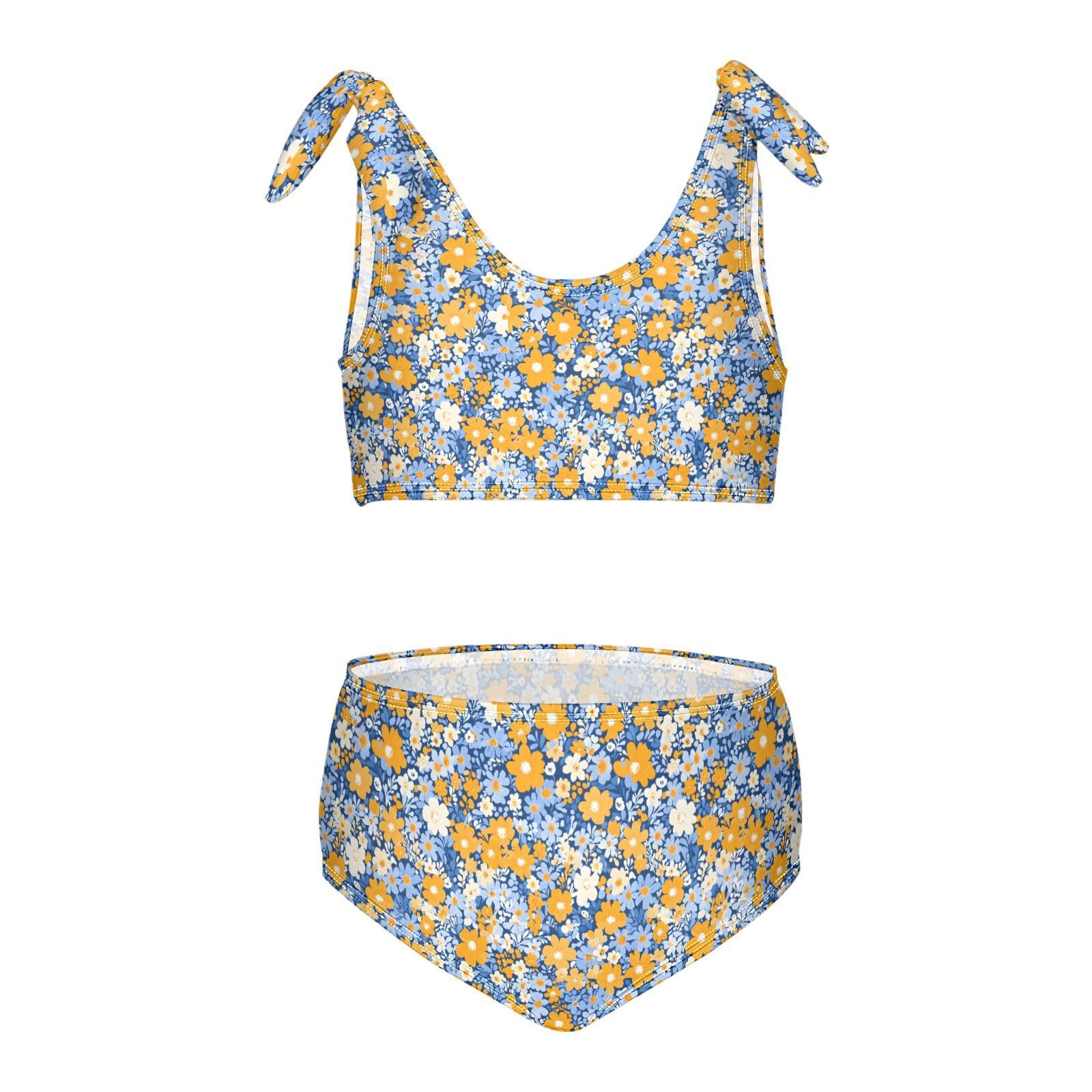 Flower Yellow Girls Tankini Swim Set, Two Piece Swimsuits Summer Bikini Swimwear Set for Girls, 4T