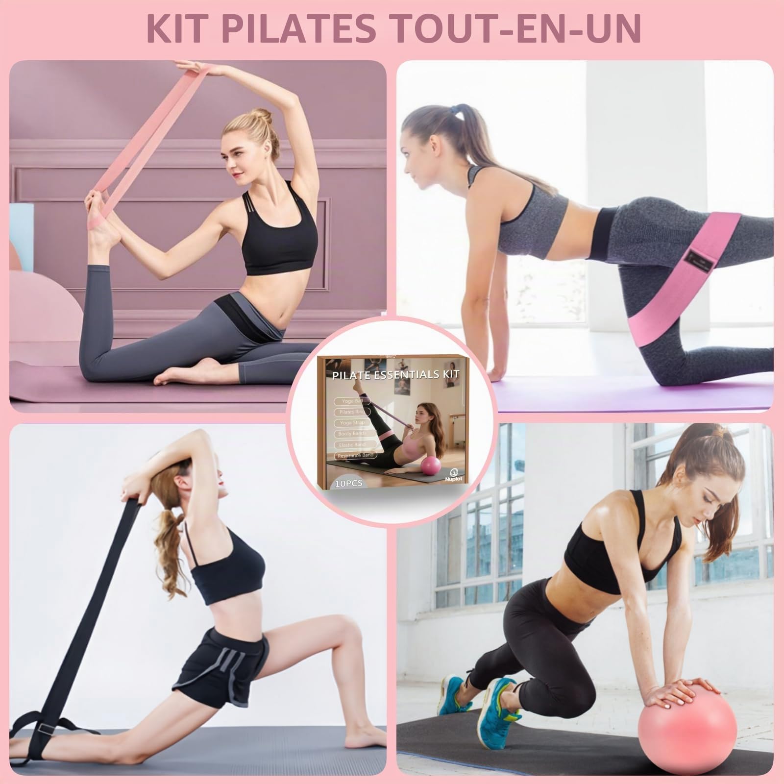 Nuplot Ensemble de Pilates Essentiel pour Femme : Meilleur Ensemble de Pilates pour l'entraînement à la Maison avec Anneau de Pilates et Ensemble de balles, Bande de résistance pour Figure 8, Bandeau