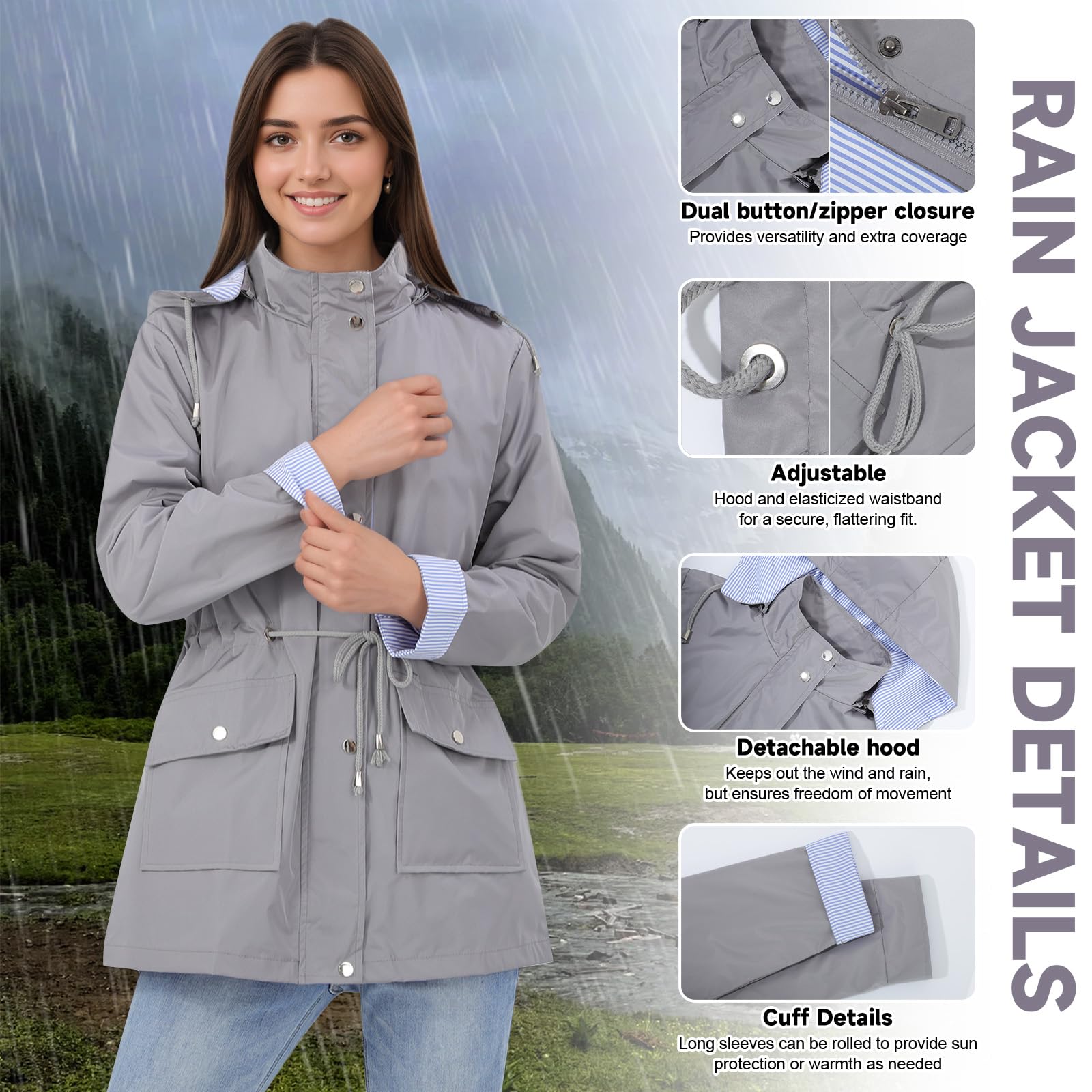 Chaqueta Impermeable para Mujer con Capucha y lluvia Larga con Capucha Gabardina Ligera a Prueba de Viento Chaqueta de lluvia para Mujer para Adultos