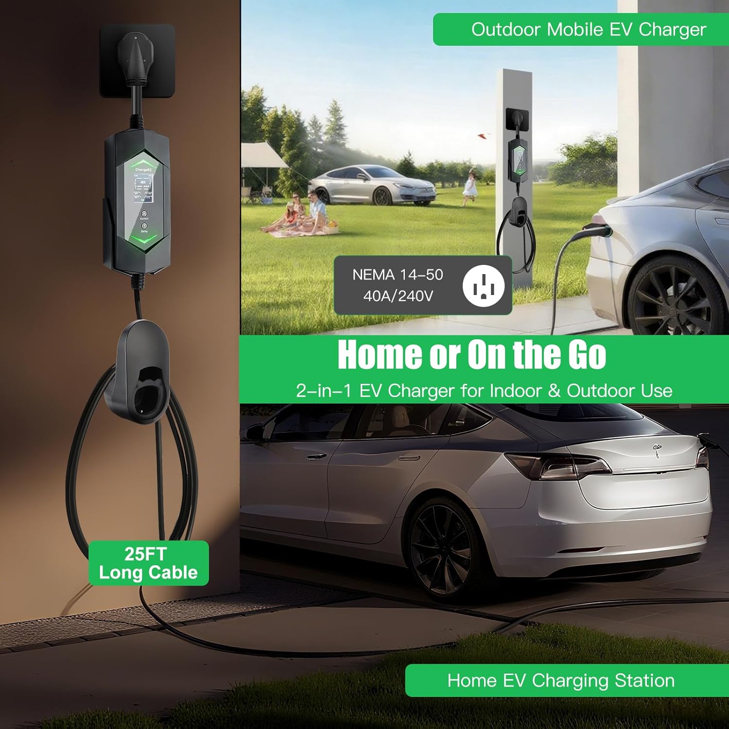 Tesla Portable Charger Level 2-40 Amp Home/Outdoor EV Charger with Smart App, Delay Timer, 25Ft Cable, NEMA 14-50 Plug, FCC/UL/ETL Certified, Compatible with Model 3/Y/X/S/Cybertruck(NACS)
