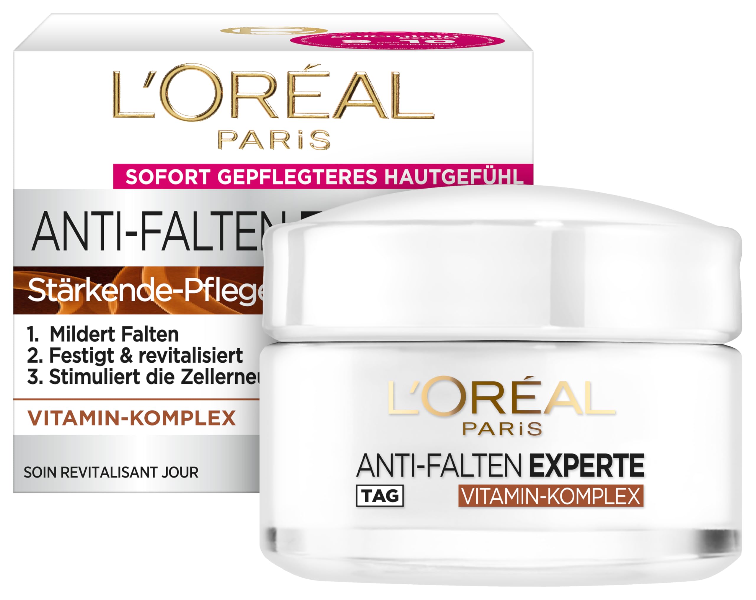 L'Oréal Paris Anti-Falten Experte Tagescreme 65+, Anti-Age Gesichtscreme mit Vitamin Komplex, mildert tiefere Falten, festigt und vitalisiert die Haut, 50ml