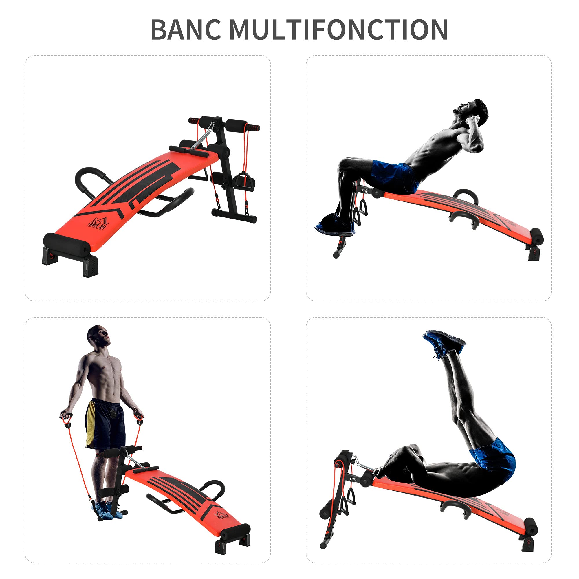 HOMCOM Banc de musculation pliable multifonction appareil fitness sit-up abdo hauteur réglable amortisseurs + sangles élastiques acier revêtement synthétique 137 x 72 x 62 cm rouge noir