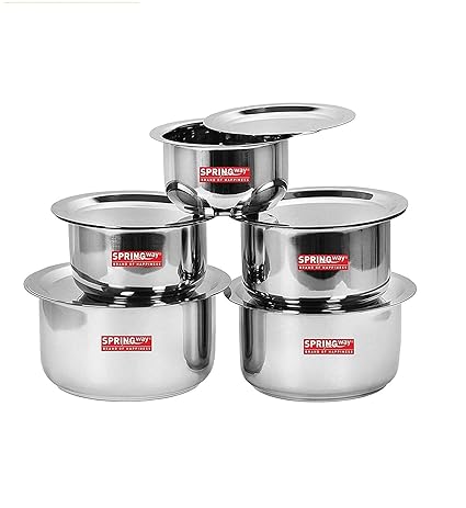 SPRINGWAY - Brand of Happiness | Stainless Steel 5 Pcs Patila Set/Tope/Cookware Set with Lids (1 LTR to 3 LTR), 22 Guage Induction & Gas Stove Friendly 10 Pcs Set