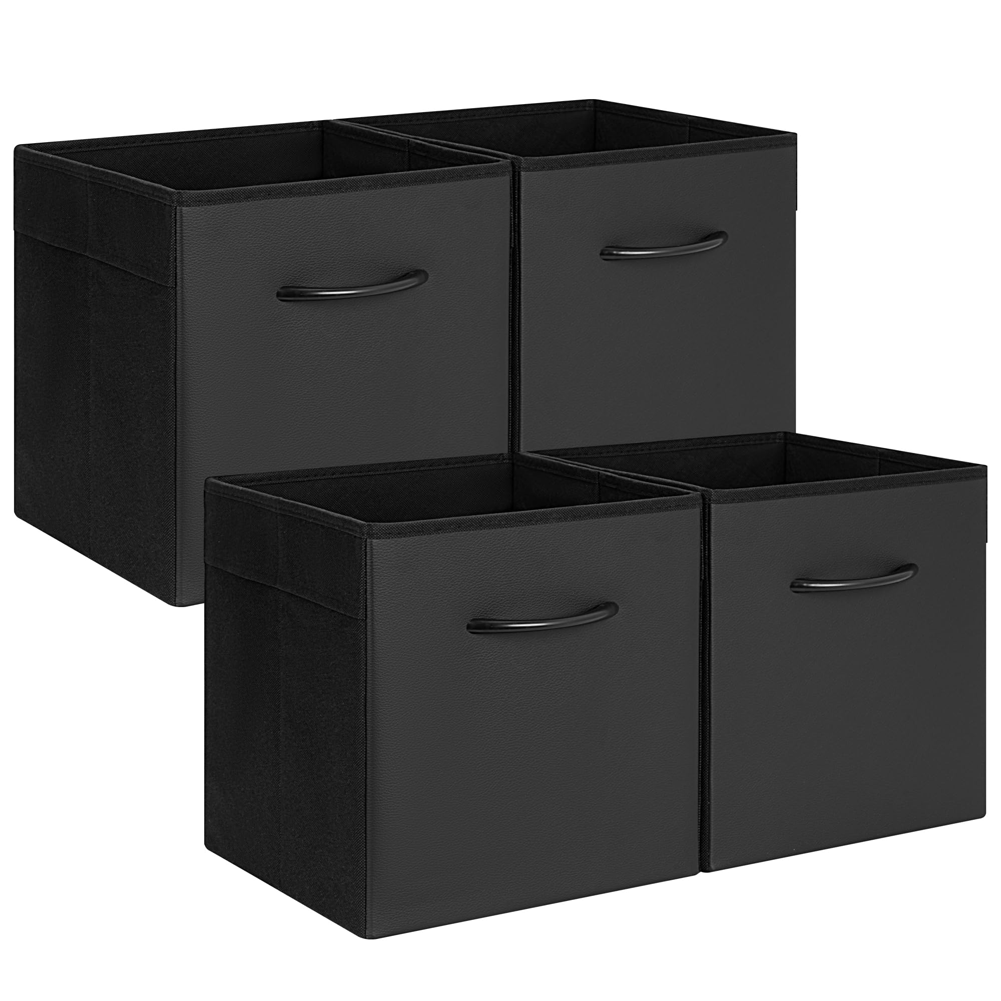 StorageWorks Black Storage Cubes, 11-inch Leather Bins with Handle, Cube Organizer Baskets for Shelves and Closet, Collapsible Storage Bins, 4-Pack