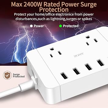 Outlet Extender 2 AC Outlets 4 USB Chargers Power Strips with Type-c Connector 6FT Power Cord Wall Mounted Office School Travel Bedroom Charging Station White