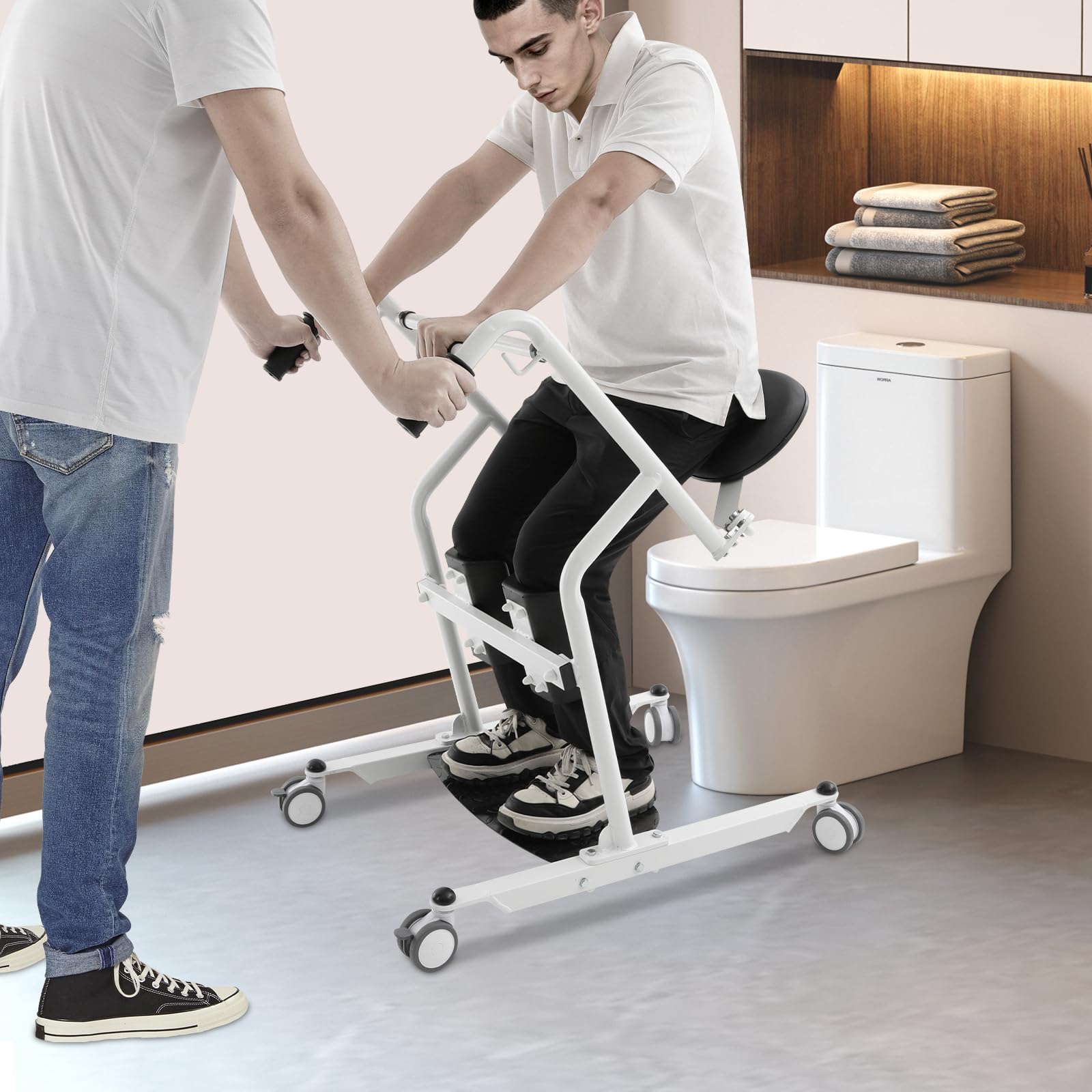 Krzesło transferowe dla pacjentów, do domu do 130 kg, mobilne wspomaganie wstawania, łóżko i sofa, ze stali, z obrotowym siedziskiem, nakolannikami i 4 kółkami skrętnymi (2 z hamulcem), pielęgnacja i