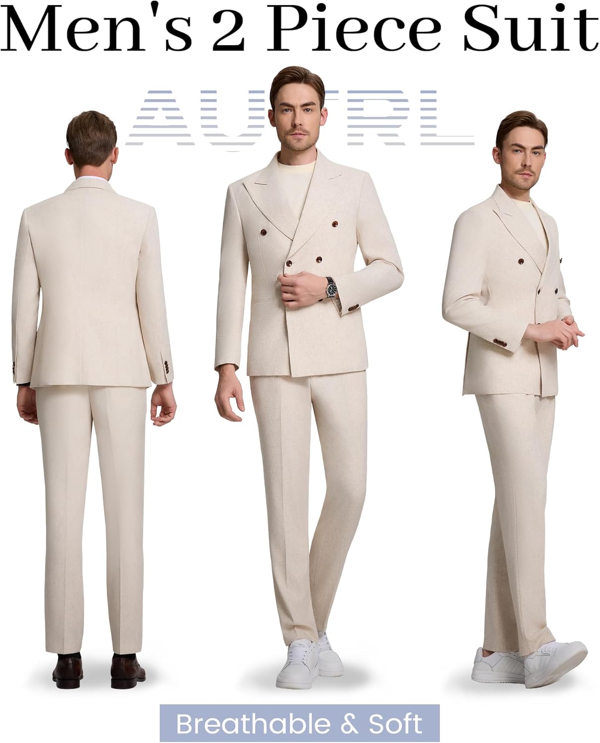 Mens Suits Linen 2 Piece Suit for Men Peak Lapel Slim Fit Suits Set Double Breasted Tuxedos for Wedding Prom - Image 3