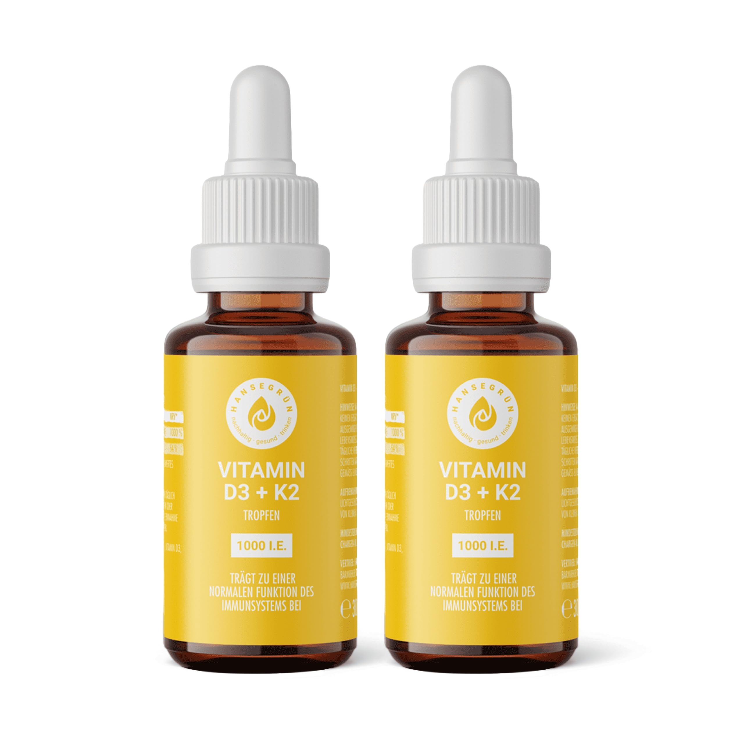 Hansegrün - 2x Vitamintropfen D3K2-30ml - Trägt zu einer normalen Funktion des Immunsystems¹ & Knochen² bei - Nur 3 Zutaten - Vegan & ohne Zusatzstoffe - Öl-Basis - Für 500 Tage