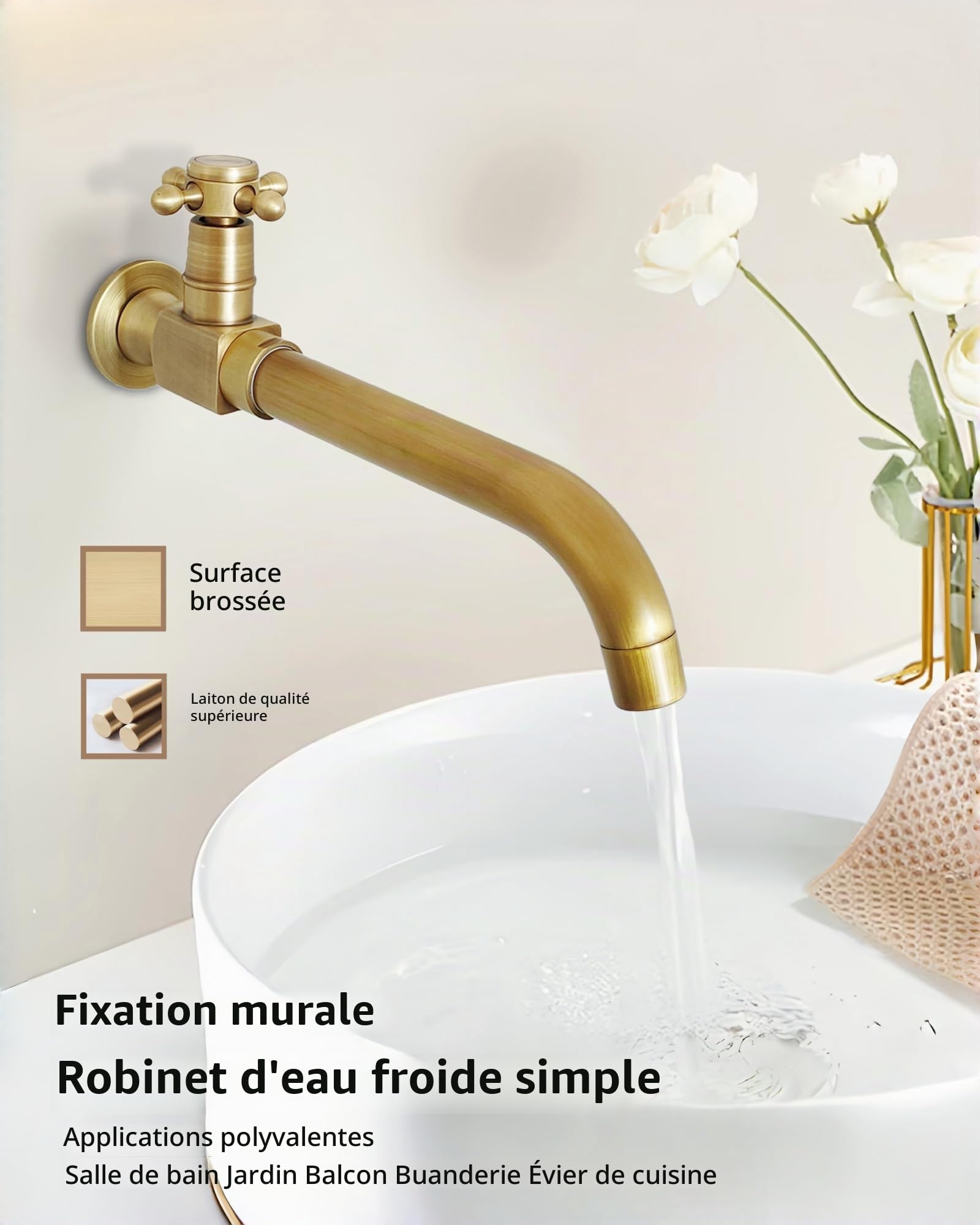 Robinet D'Eau Froide Mural Laiton Antique Pivotant 360°, 24cm | Robinet Monocommande Mural Lavabo Long Laiton pour Salle de Bain Jardin Balcon Terrasse Extérieur Maison Hôtel