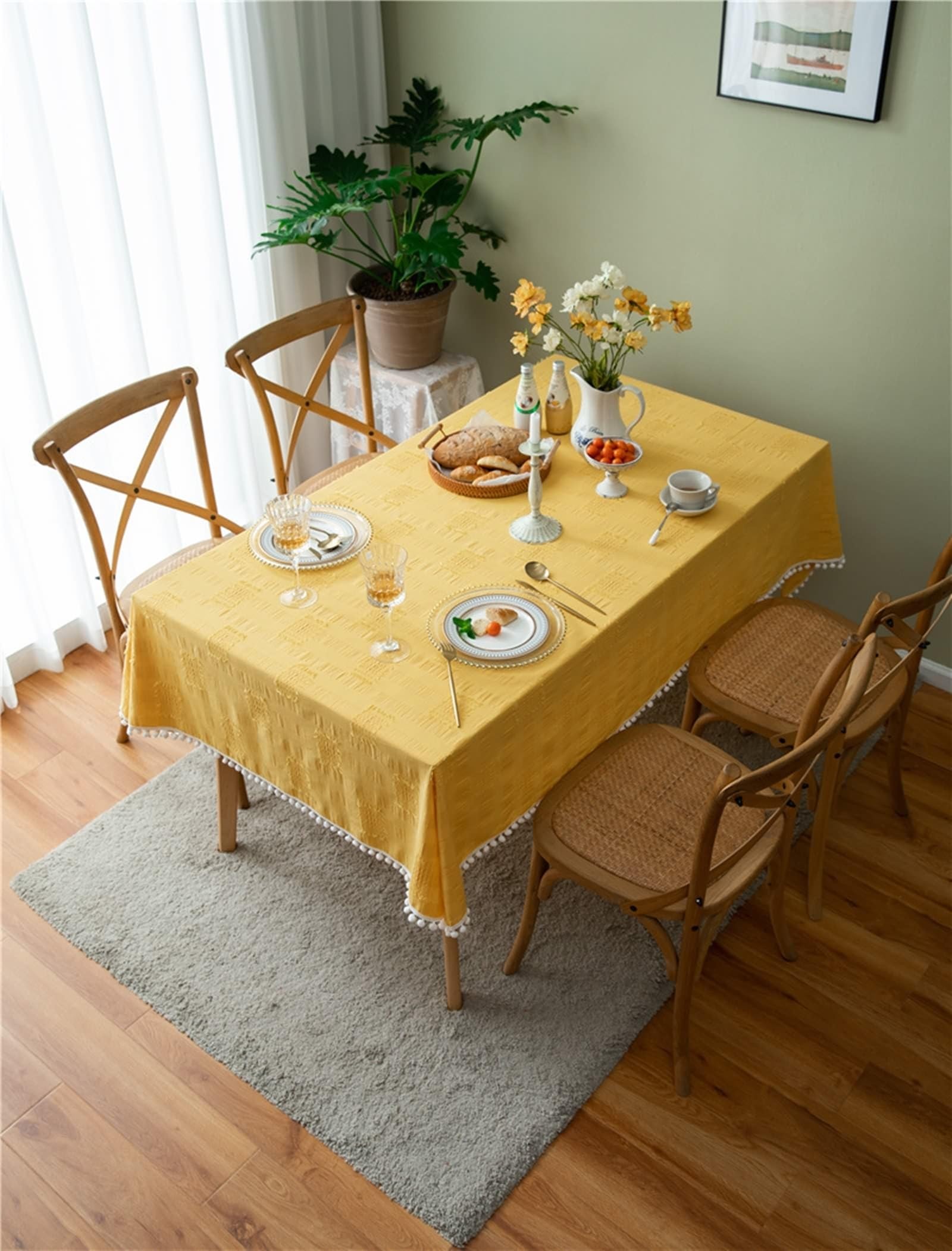 Tablecloth żółty, bawełniany obrus jednokolorowy z aksamitną piłką obrus zmywalny, prostokątny, 140 x 200 cm