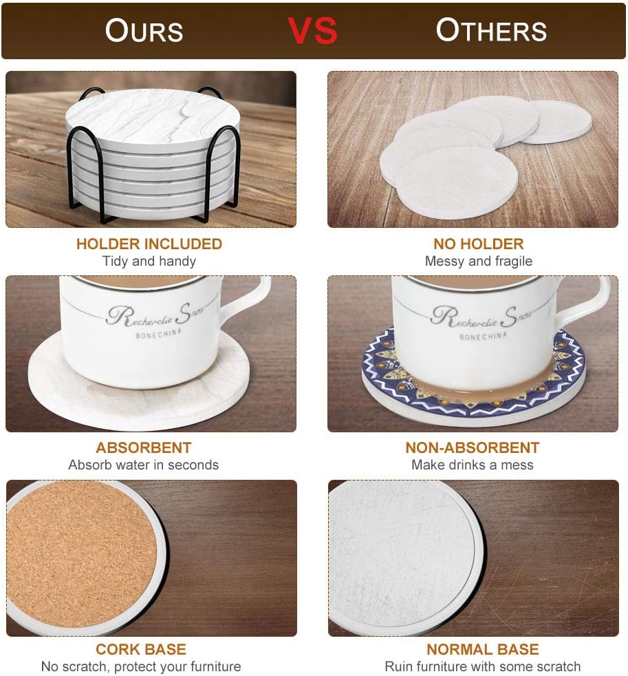 Exclusive Special Funria Absorbent Coasters for Drinks Ceramic Marble Style Coasters with Holder and Cork Base Set of 6 Unique Housewarming Gift for Men and Women Stone Coasters