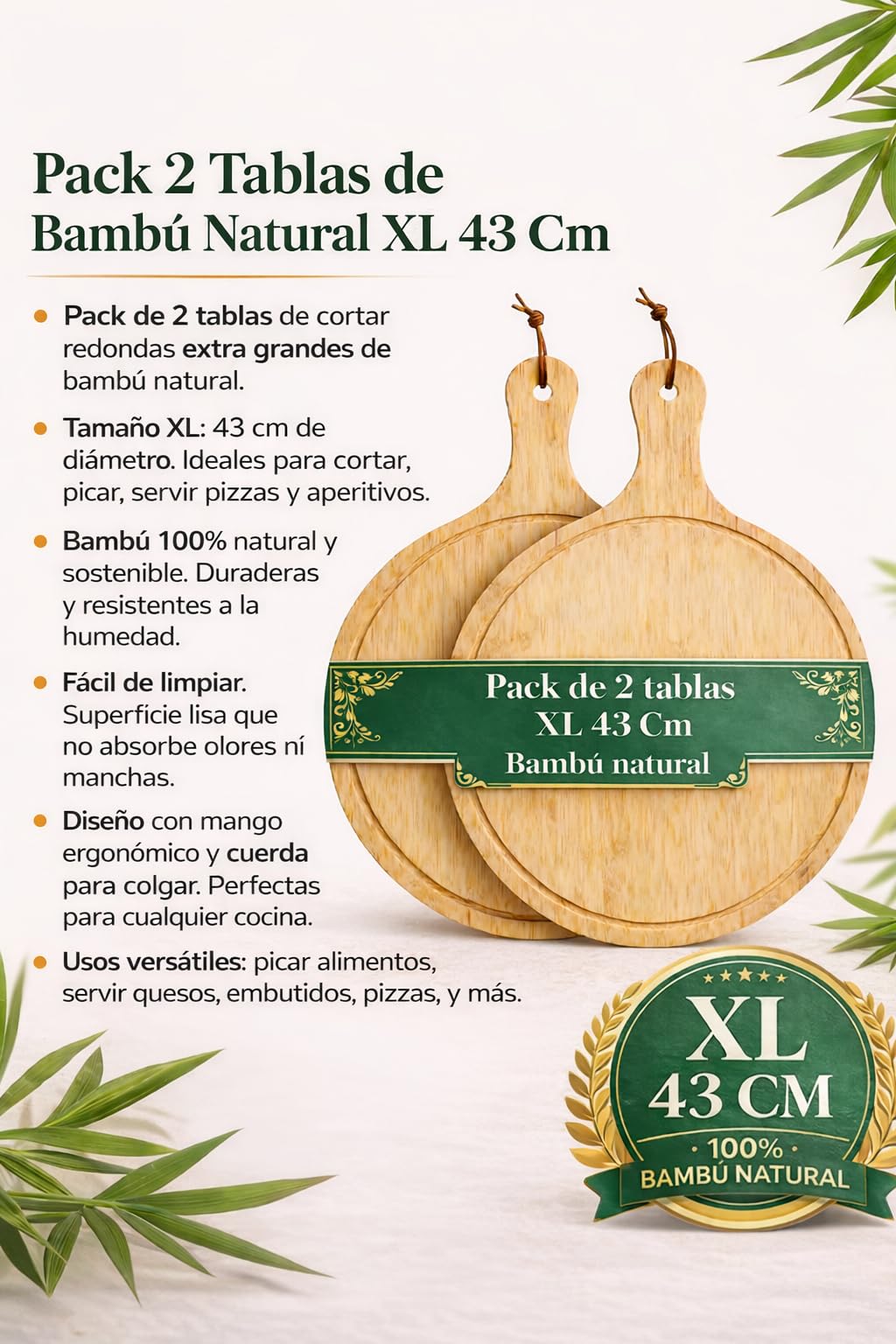 Pack 2 Tablas de Pizza Bambú 43 cm XL – Tabla Redonda para Cortar y Servir Pizza, Quesos y Aperitivos – Madera Natural Resistente — view 6