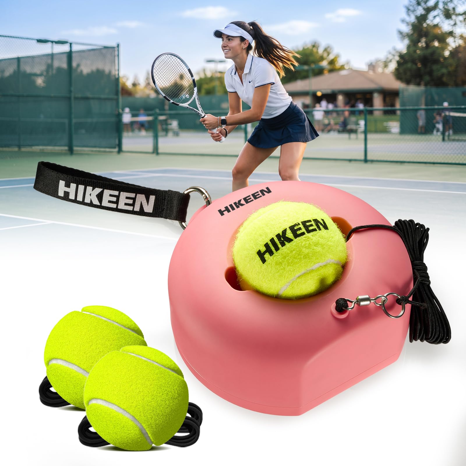 Hikeen Premium Tennis Trainer Rebound with Metal Base,Portable Solo Tennis Trainer Set with 3 Highly Elastic String Balls,Tennis Practice Equipment for Adult Kids an Beginners