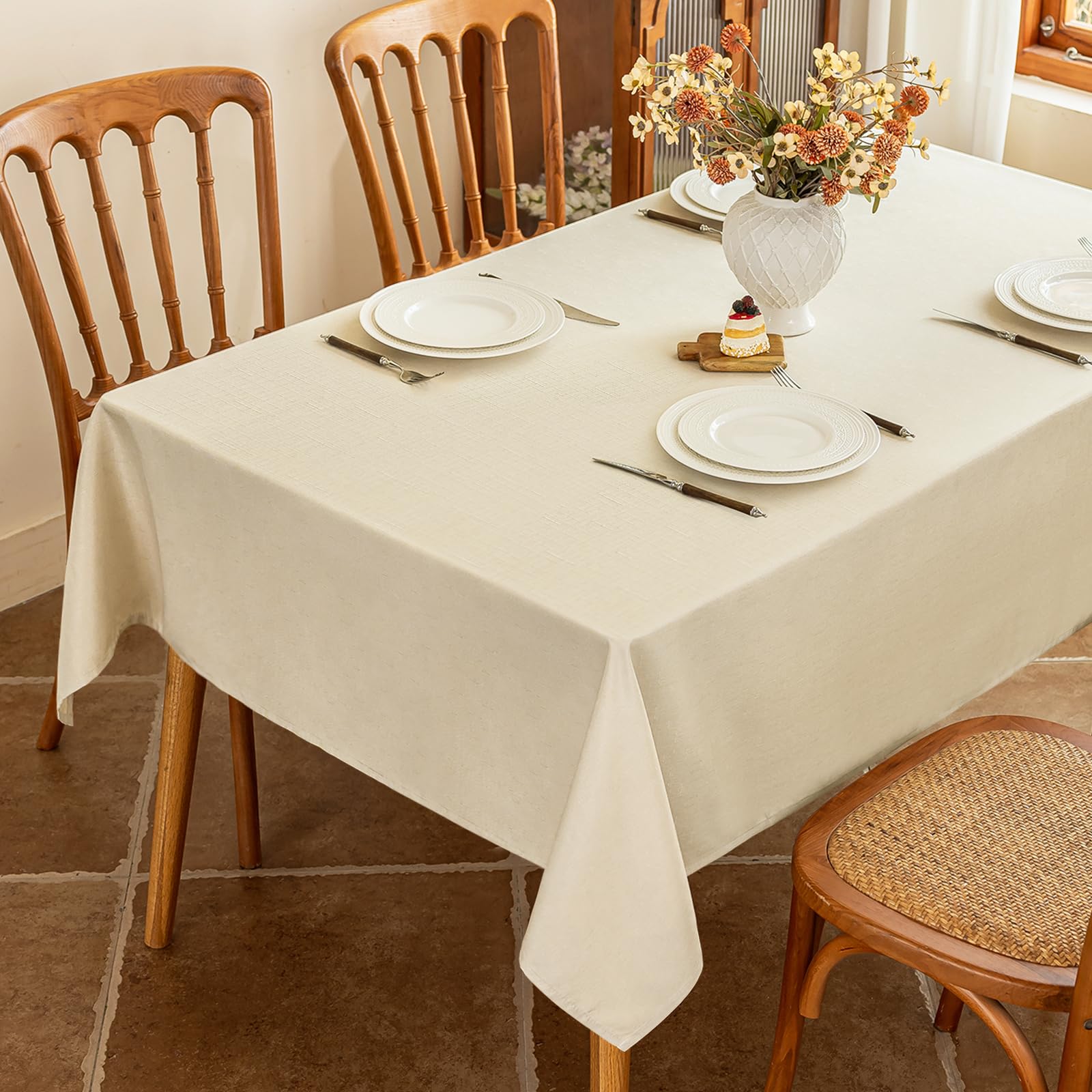 Photo 1 of Seenus Beige Long Table Cloth Fits 8 Foot Rectangle Table, Water Resistant & Wipeable Fabric Tablecloth for 10-12 Seats Dining Banquet Party, 60 x 120 Inch