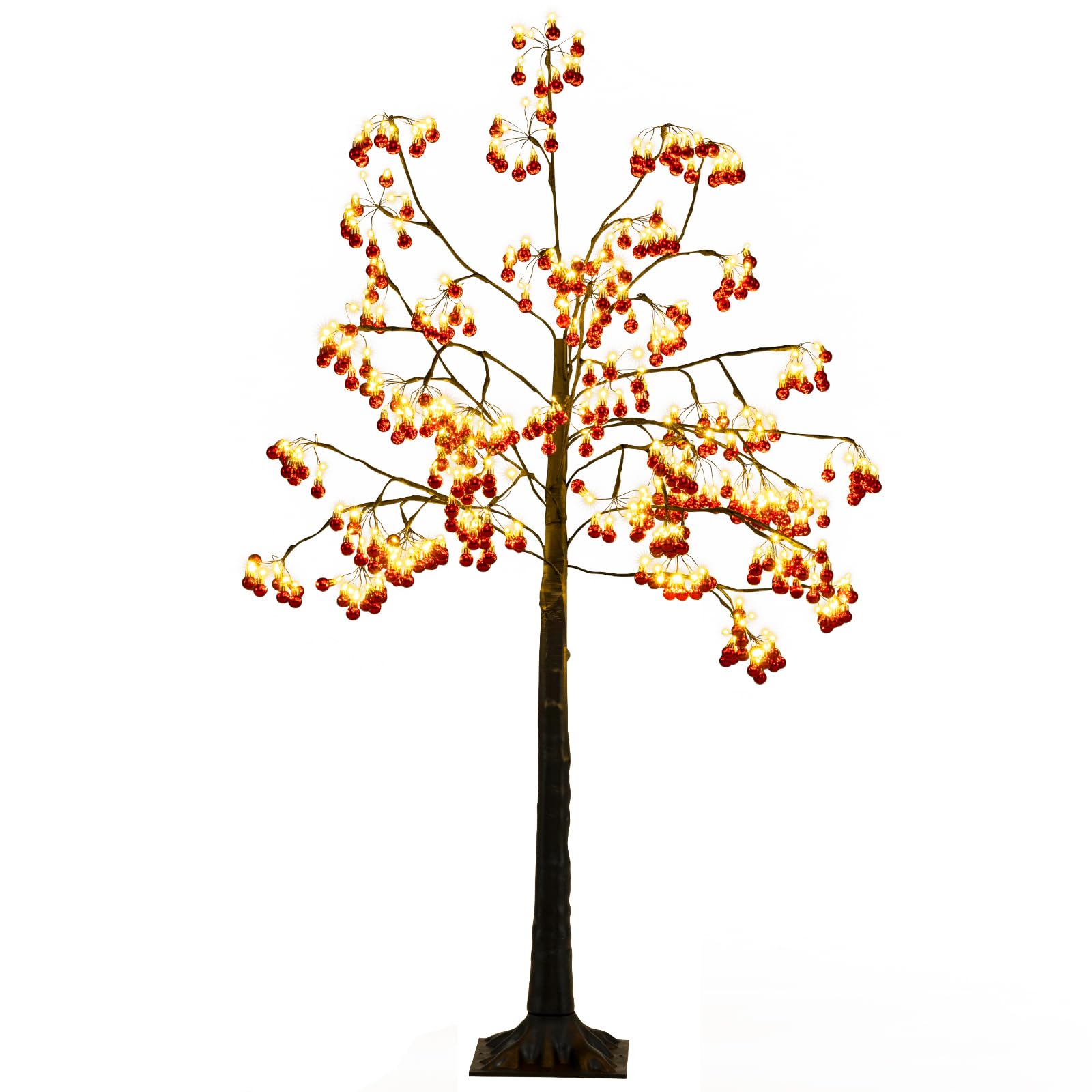 COSTWAY 150 cm Arbre Artificielle Lumineux, 384 Boules Rouges, Sapin de Noël, 480 LED Blanc Chaud, Branches Flexibles, Piquets de Sol, Noel Decoration Exterieur Interieur