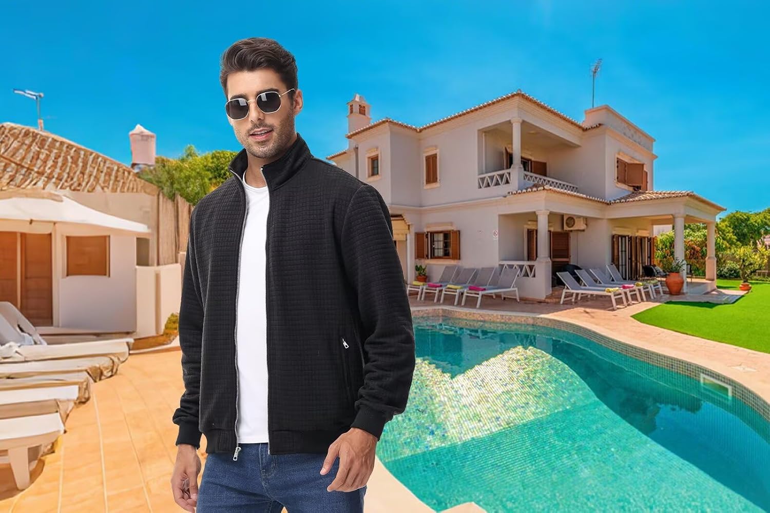 Satankud Men's Jacquard Waffle PlaidCloth Bright Metal Zipper Lightweight Jacket - Image 3