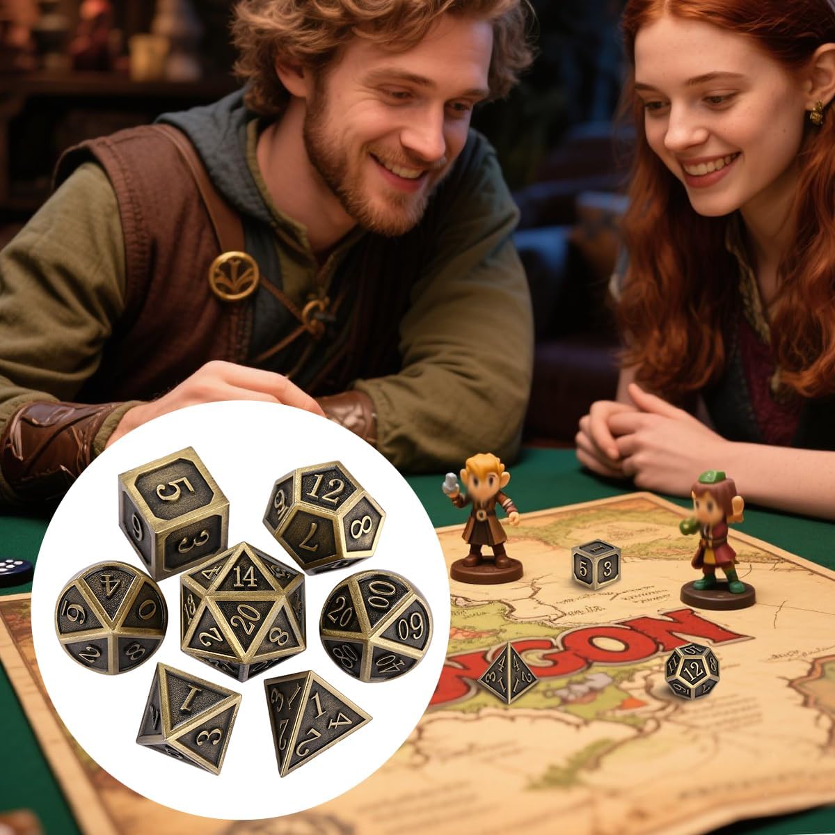 Metal Dice Set, 7pcs Polyhedral Metal DND Dice Set, DND Starter Set, D&D Gifts with Gift Bag, Role Playing Board Games Accessories, Bronze