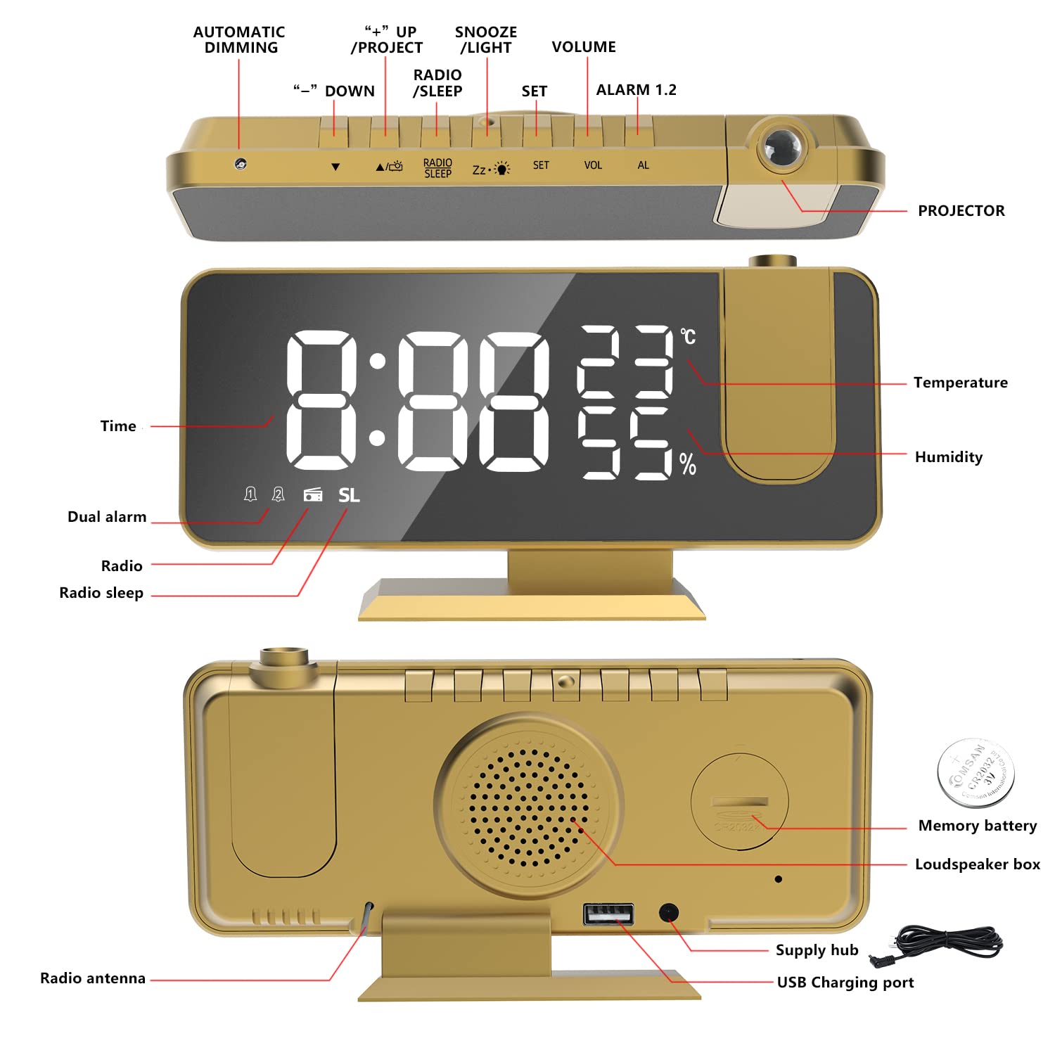 Budzik projekcyjny do sypialni, cyfrowy budzik z ładowarką USB, duży wyświetlacz LED z lustrem 18,8 cm, budzik radiowy, podwójny inteligentny alarm z projekcją sufitową, złoty