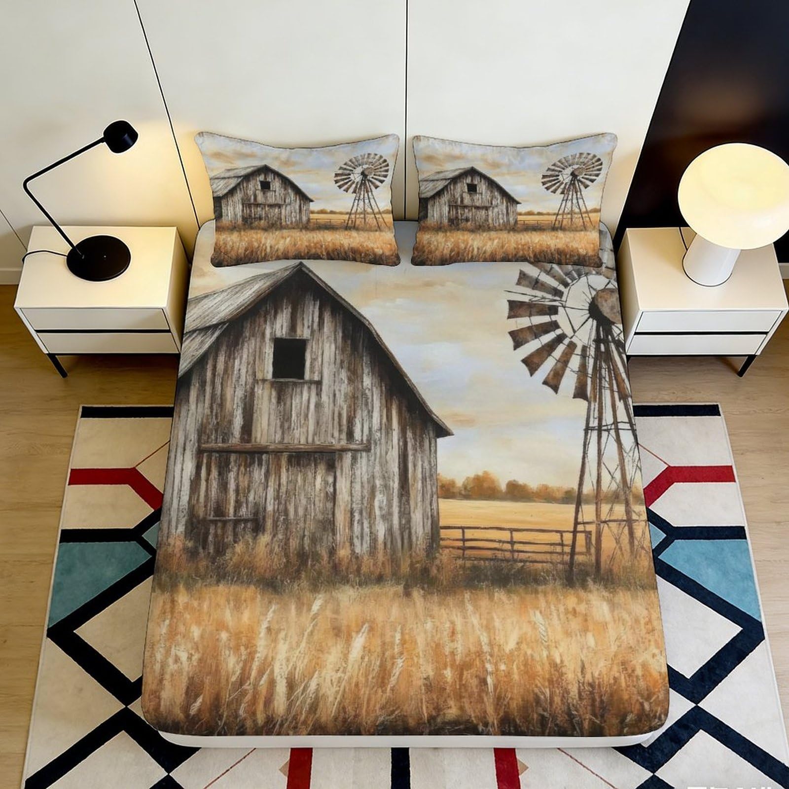3D Printed Rustic Barn Windmill Fitted Sheet Microfiber Soft Breathable Farmhouse Bed Cover for Bedroom Decor 90x200x25cm