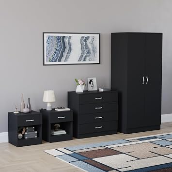Vida Designs Riano 4 Piece Bedroom Set - 1 Drawer Bedside Chest x2, 4 Drawer Chest, 2 Door Wardrobe - Black