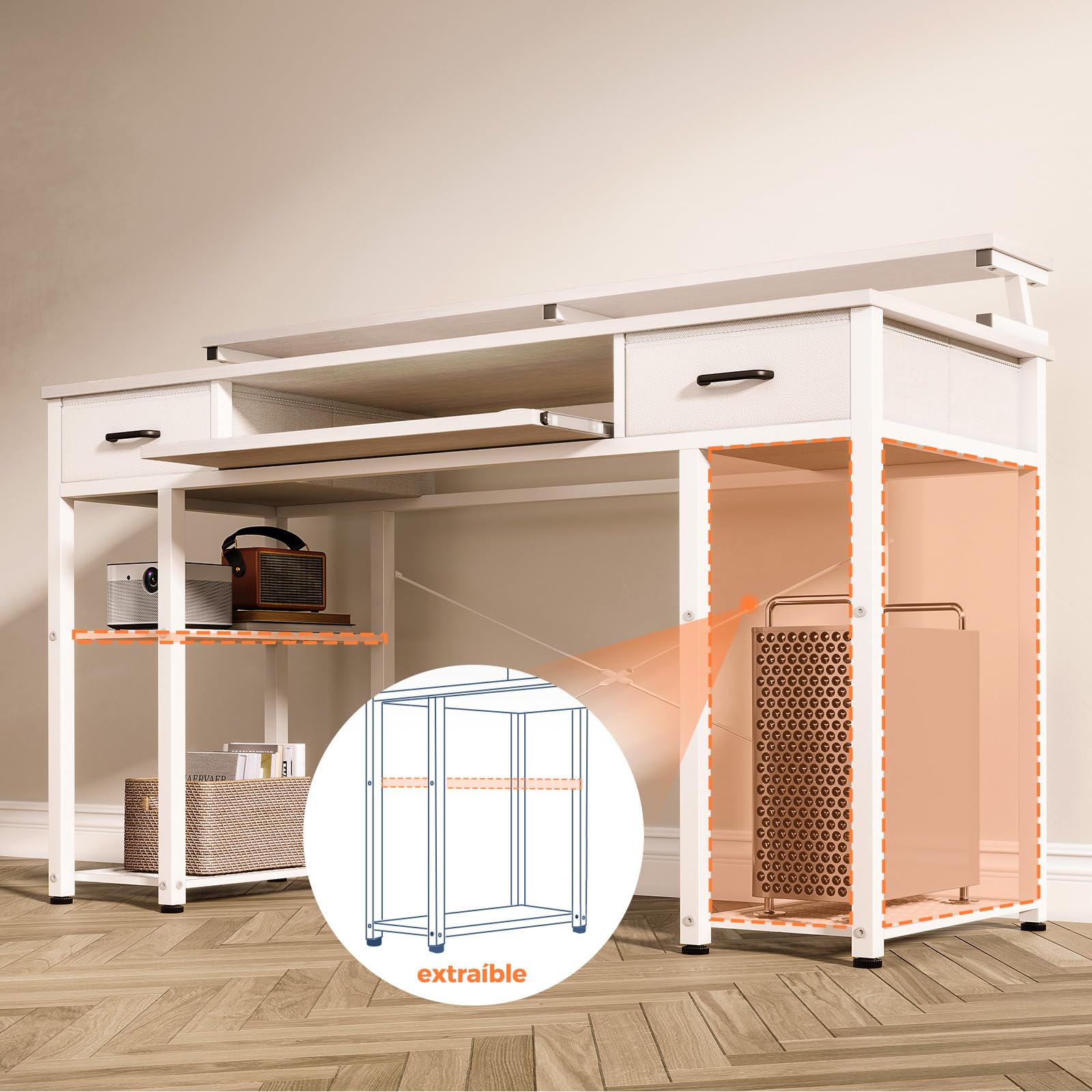 ODK Escritorio de Ordenador, 120x48cm Escritorio con 2 Cajones y Bandeja para Teclado, Escritorio de Oficina con Soporte para Monitor, Mesa de Escritorio con Estante Reversible para Oficina, Blanco