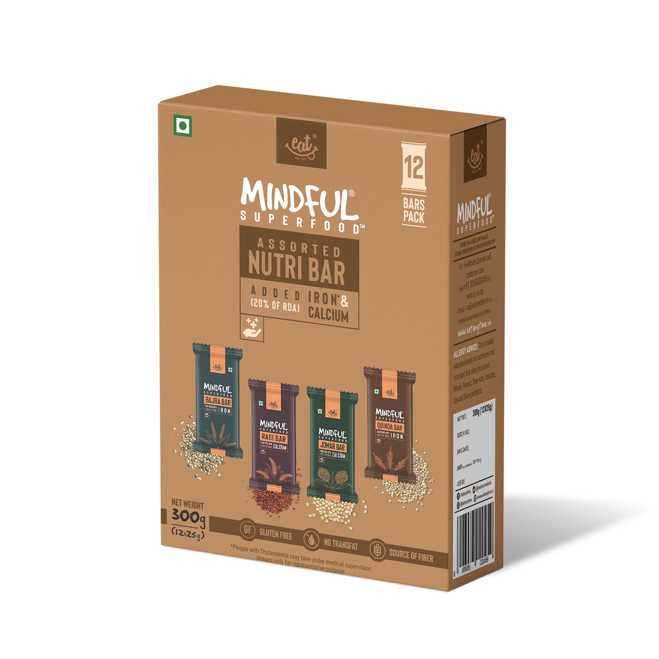 Eat Anytime | Healthy Millet Chocolate Bar | Gluten Free, High Fiber, No Added Sugar | Ragi, Quinoa, Jowar & Bajra | 300gm (12pcs of 25gm)