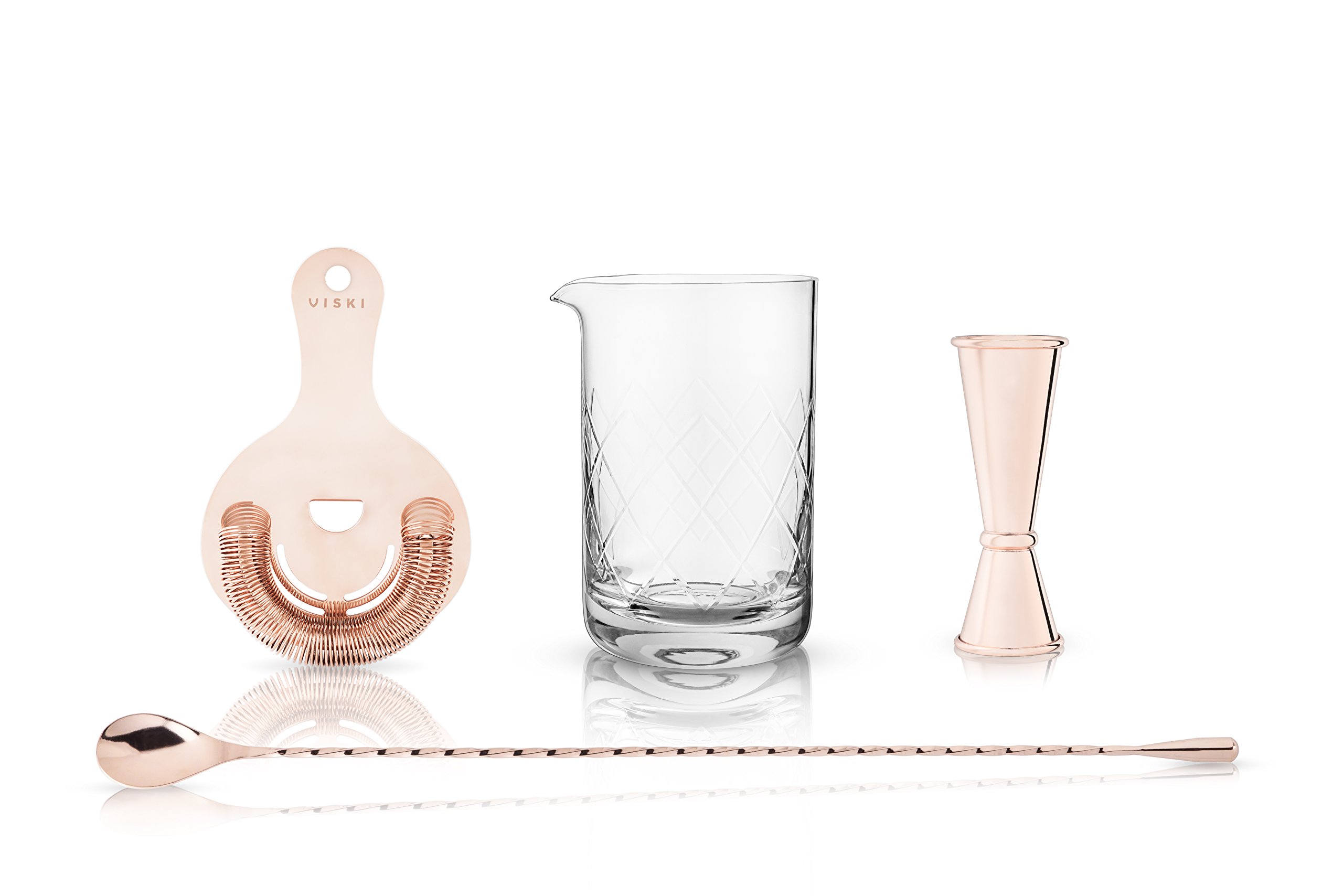 Viski Copper Bartender Kit 4pcs Set | Drink Mixers for Cocktails Gift Essentials: Mixing Glass, Hawthorne Strainer, Japanese-Style Double Jigger and Weighted Barspoon
