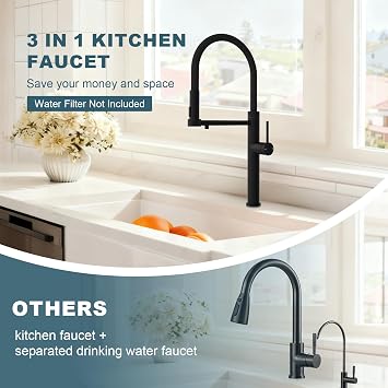 Black 3 Way Kitchen Tap,Single Handle Sink Taps Mixer with Drinking Faucet