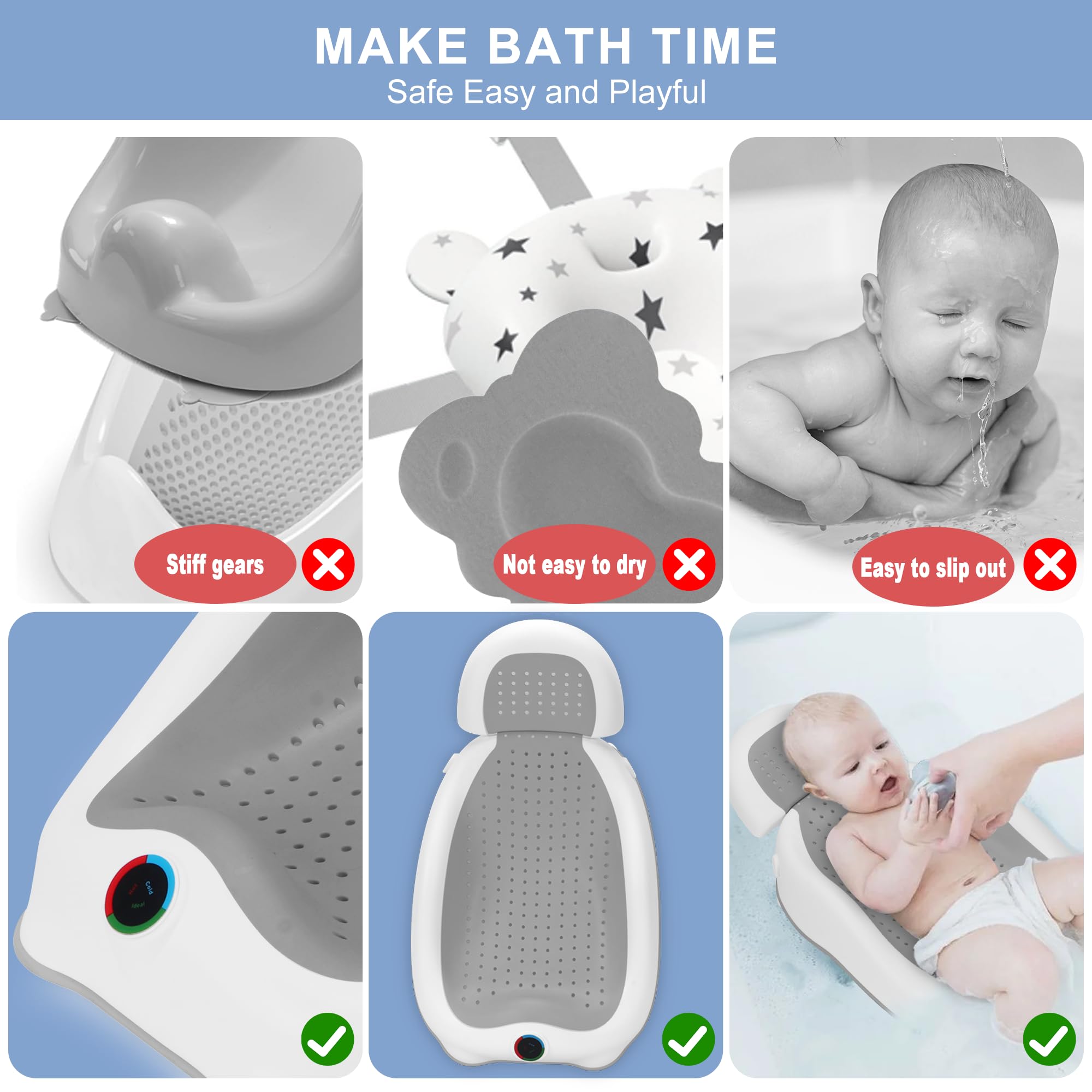 Soporte de baño para bebé, ideal para bebés menores de 6 meses, con termómetro, bañera de pendiente ajustable para recién nacidos, bañeras de bebé esenciales para recién nacidos (gris)