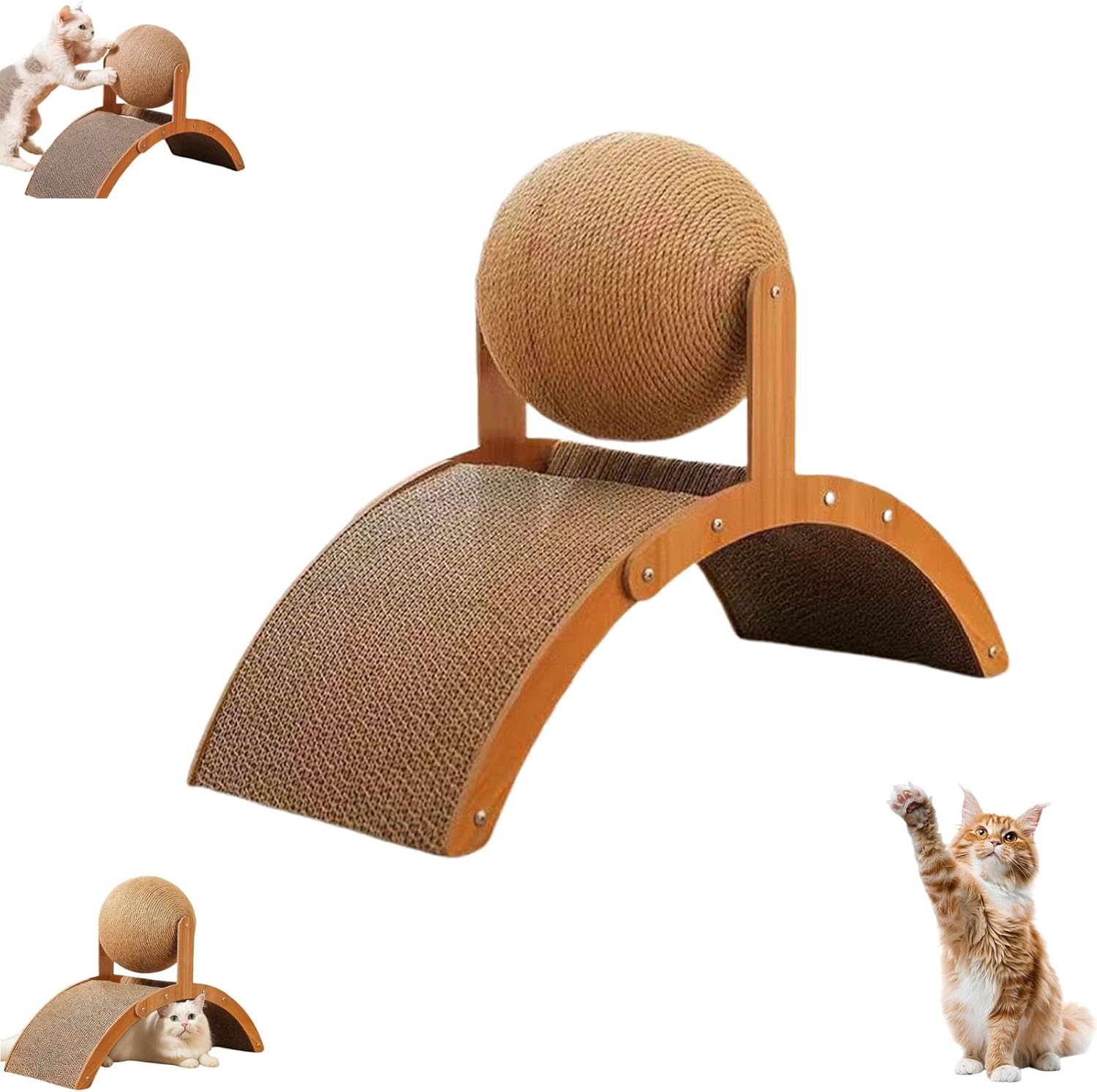 Cat Scratching Ball on Stand - Solid Wood Interactive Cat Scratcher with 360° Rotating Natural Sisal Ball, Wear-Resistant and Scratch-Resistant for Pets Indoor (L)