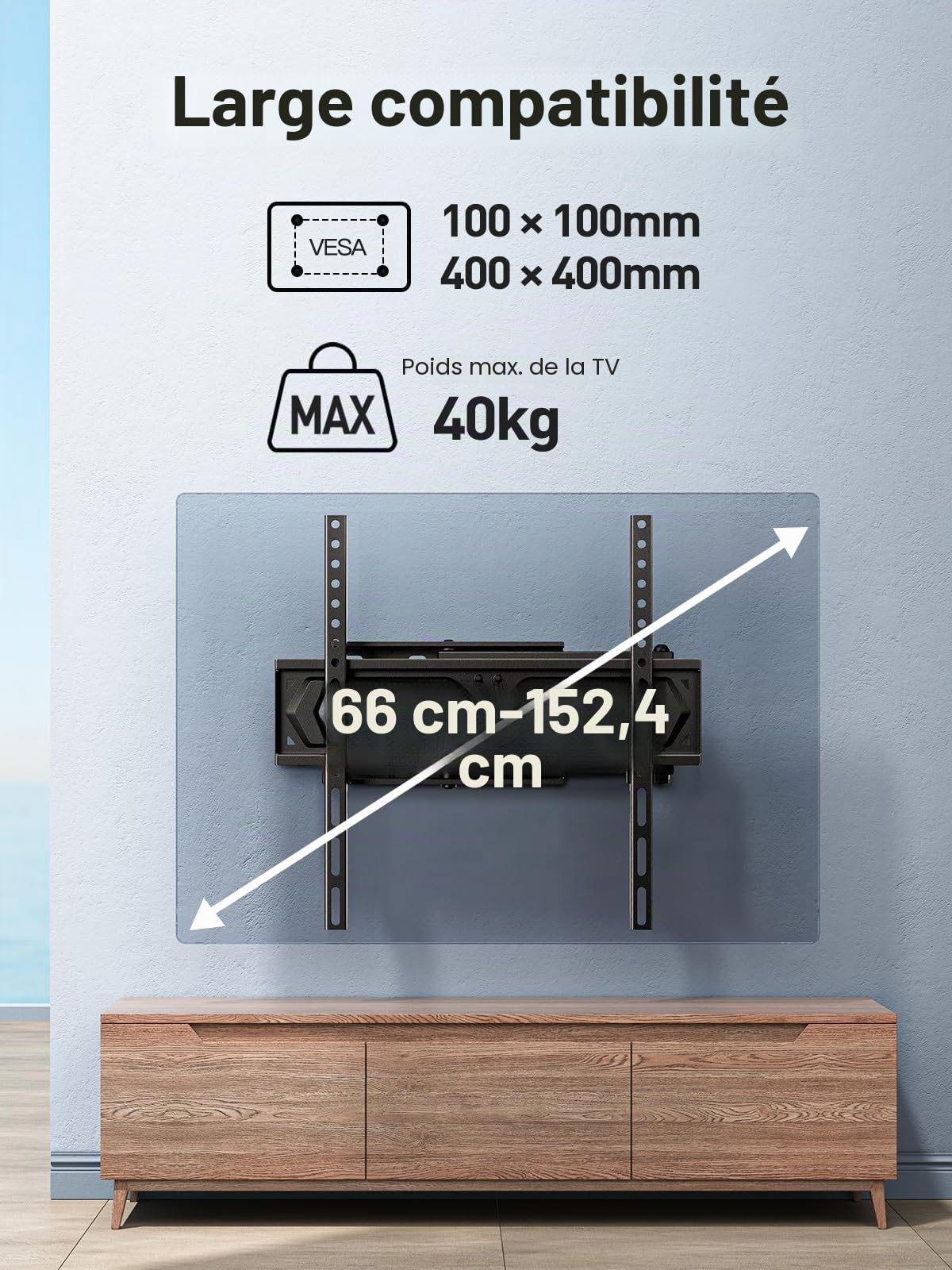 PERLESMITH Support Mural TV, pour 26-60 Pouces (66-152 cm) Télévision Jusqu'à 40kg, Fixation TV Murale Orientable et Inclinable 50 55 Pouces, Max VESA 400x400mm PSMFK10