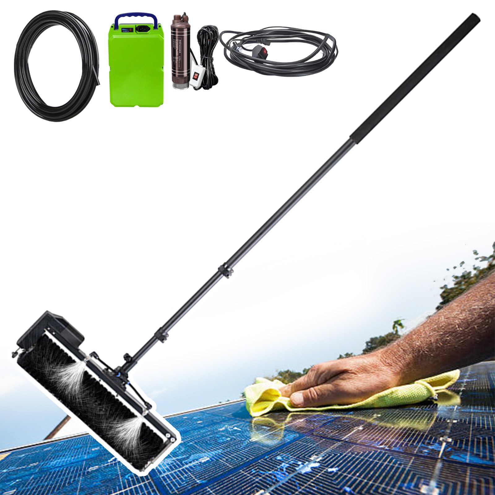 AYCDL Automatic Solar Panel Cleaning Kit - 360° Rotating Brush & Telescopic Rod, 60cm Water Fed Pole with 10m Hose - Ideal for Factory Roofs, 3.5m/11.4ft Battery Vers