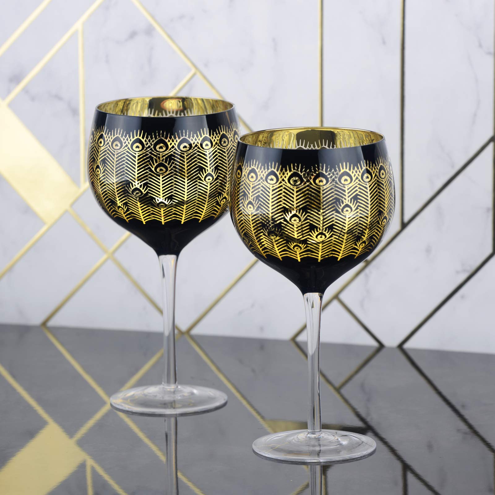 Artland – Copas de Ginebra Peacock Midnight – Dorado y Negro – Juego de 2 – Capacidad de 700ml Por Copa – Diseño de Plumas Elegante y Detallado en Dorado y Negro