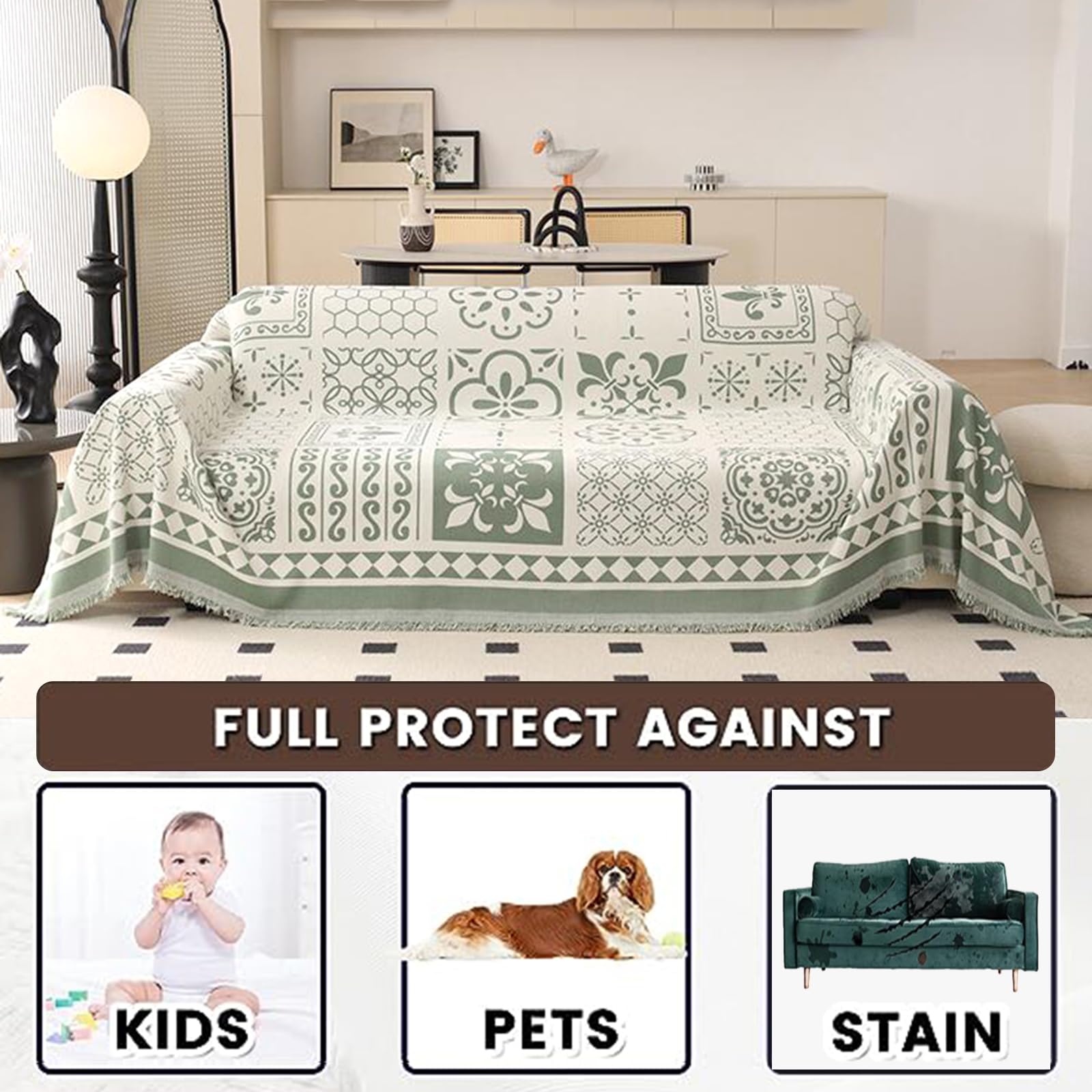 Telo Salva Divano Bohémien Copridivano Angolare con Penisola 1 2 3 4 Posti Morbida Coperta per Divano in Ciniglia Fodere Divano Multiuso per Gatto Ribelle Scialle Pisolino(180X280cm,Green)